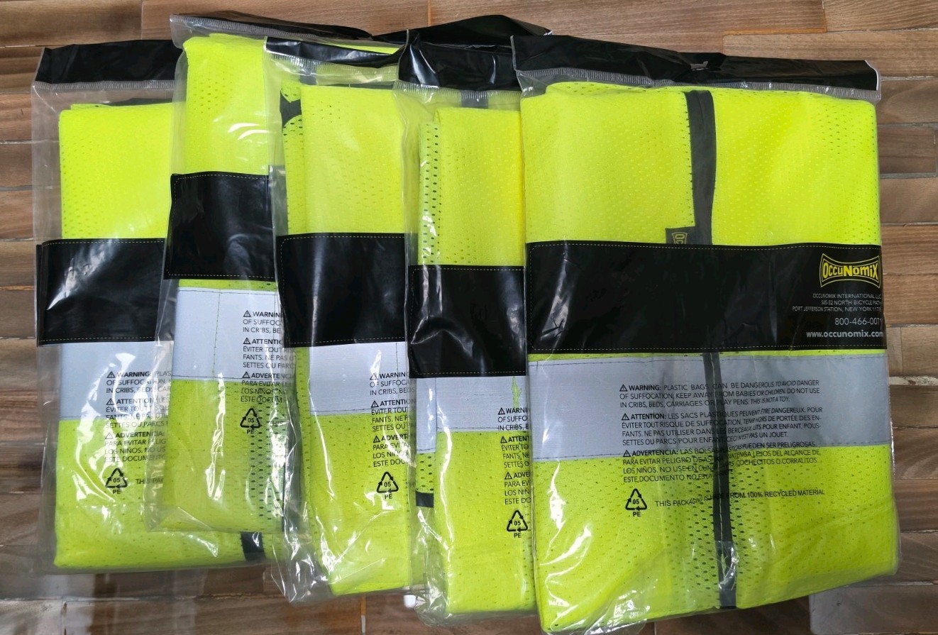 (5 PACK) OF OCCUNOMIX MESH 5 PART BREAKAWAY, HI VISIBILITY WORK VEST, CLASS 2