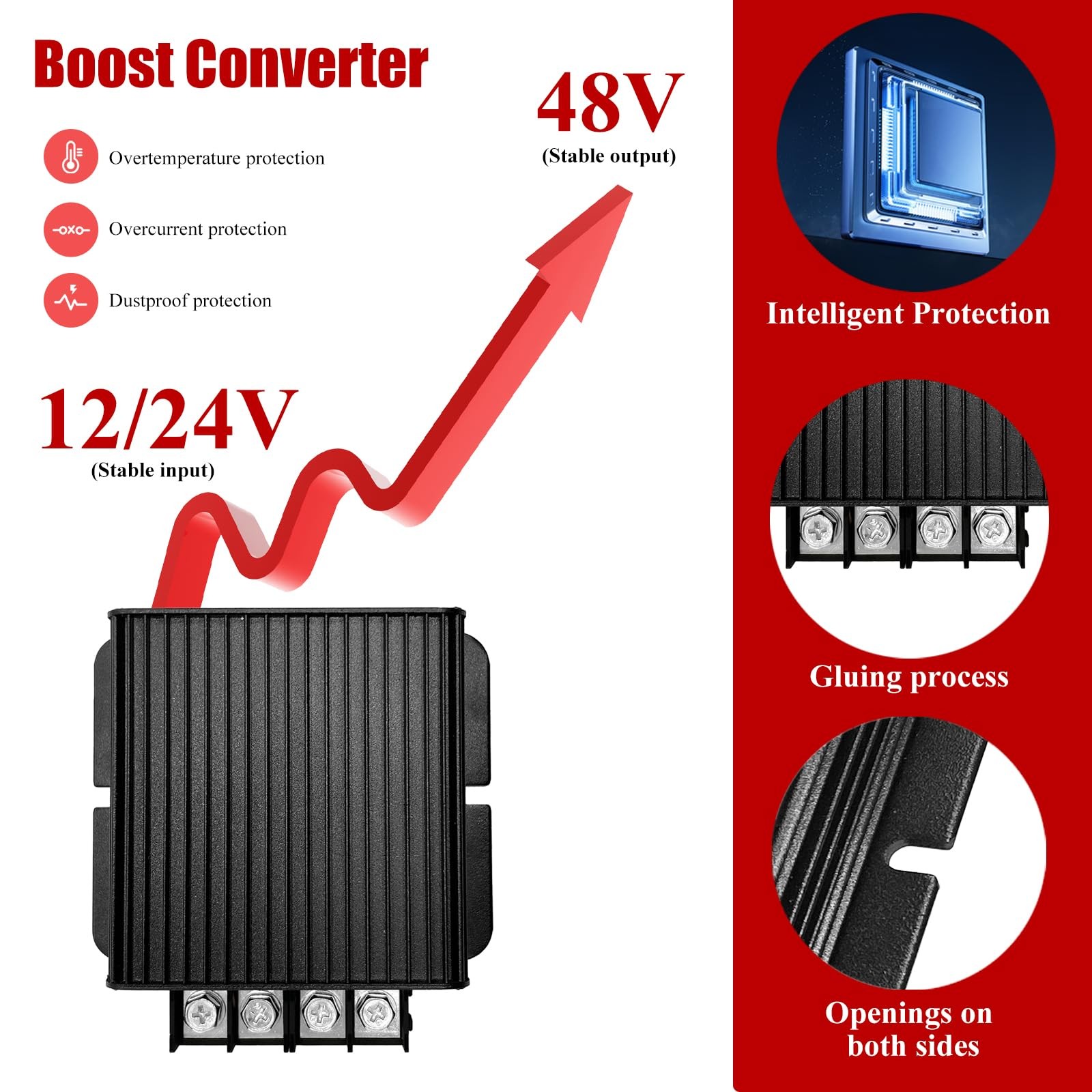 MZHOU UP-48V 10A 480W DC-DC Power Converter 12V/24V to 48V Step-Up for Solar/EV