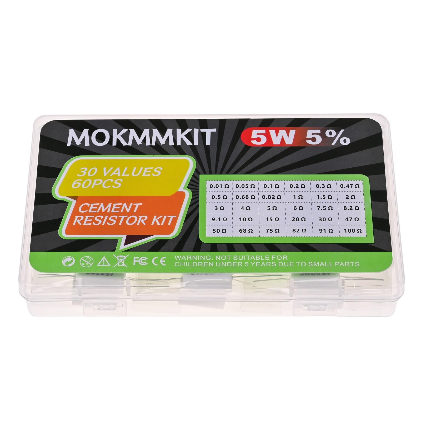 MOKMMKIT 30 Values 60 Pieces Ceramic Cement Resistor KIT 5W 0.01Ω-100Ω 60 PCS
