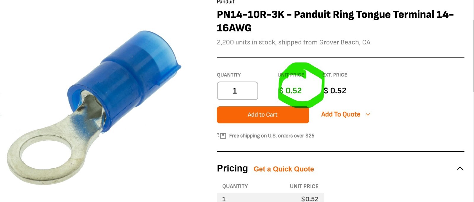 14-16 AWG Nylon Insulated Crimp Ring Terminal #10 Stud PN14-10R Panduit (Pkg50)