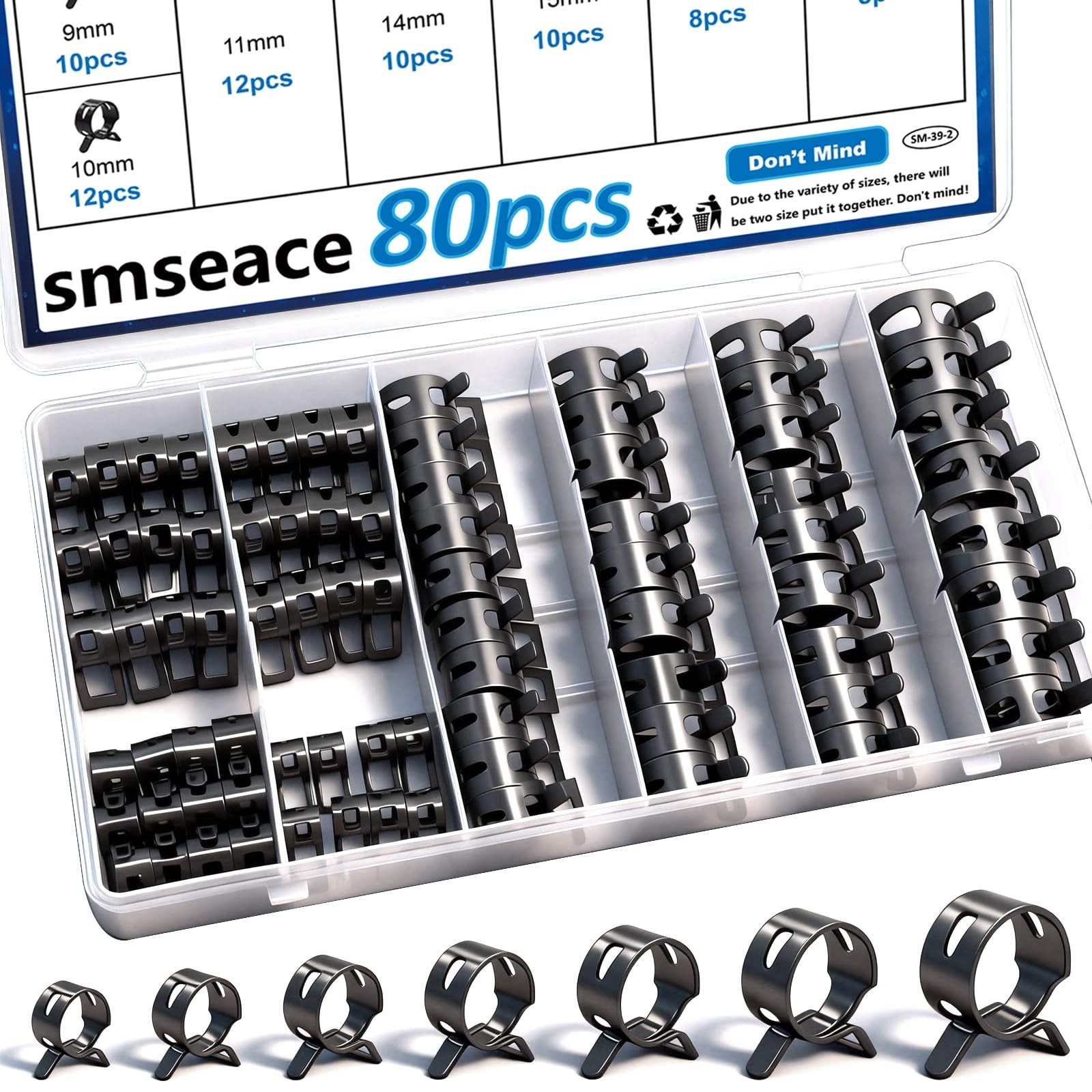 smseace Spring Hose Clamp Assortment kit 7-18mm 8-sizes 80Pcs, Black