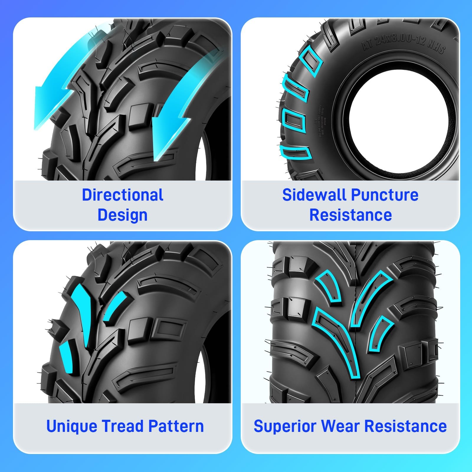 24×8-12 ATV UTV Tires 6 PR All-Terrain for Sand Mud Trail Tubeless Pack of 2