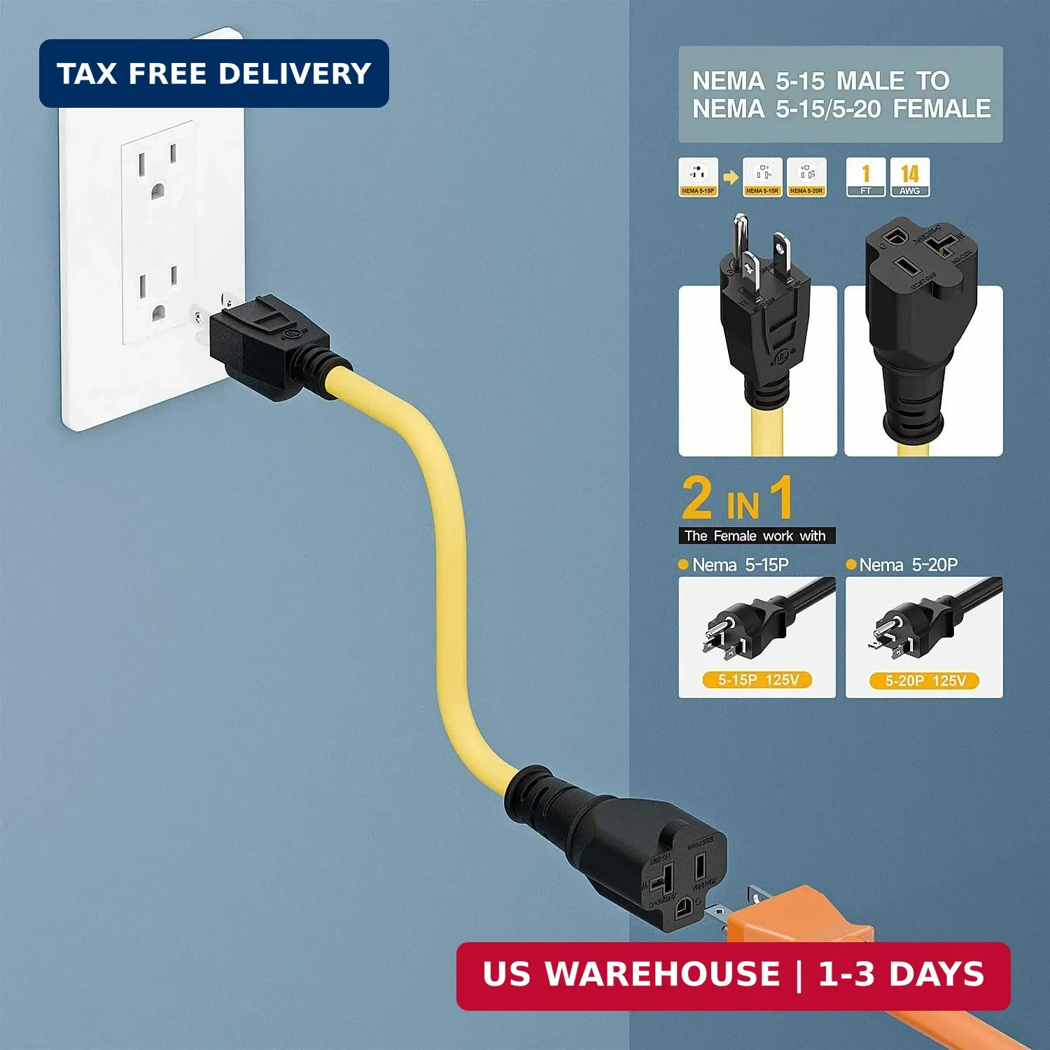 1-Foot 15 Amp Household AC Plug to 20 Amp T Blade Adapter Cable， Nema 5-15P to 5