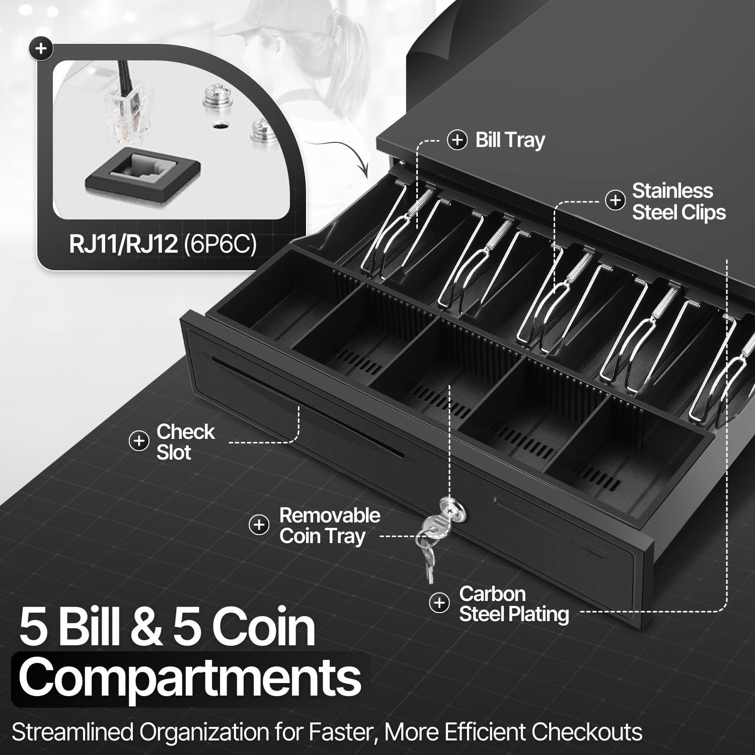 Flexzion Cash Drawer For – 16 Inch Metal Register Rj11/Rj12 Pos Cable 5