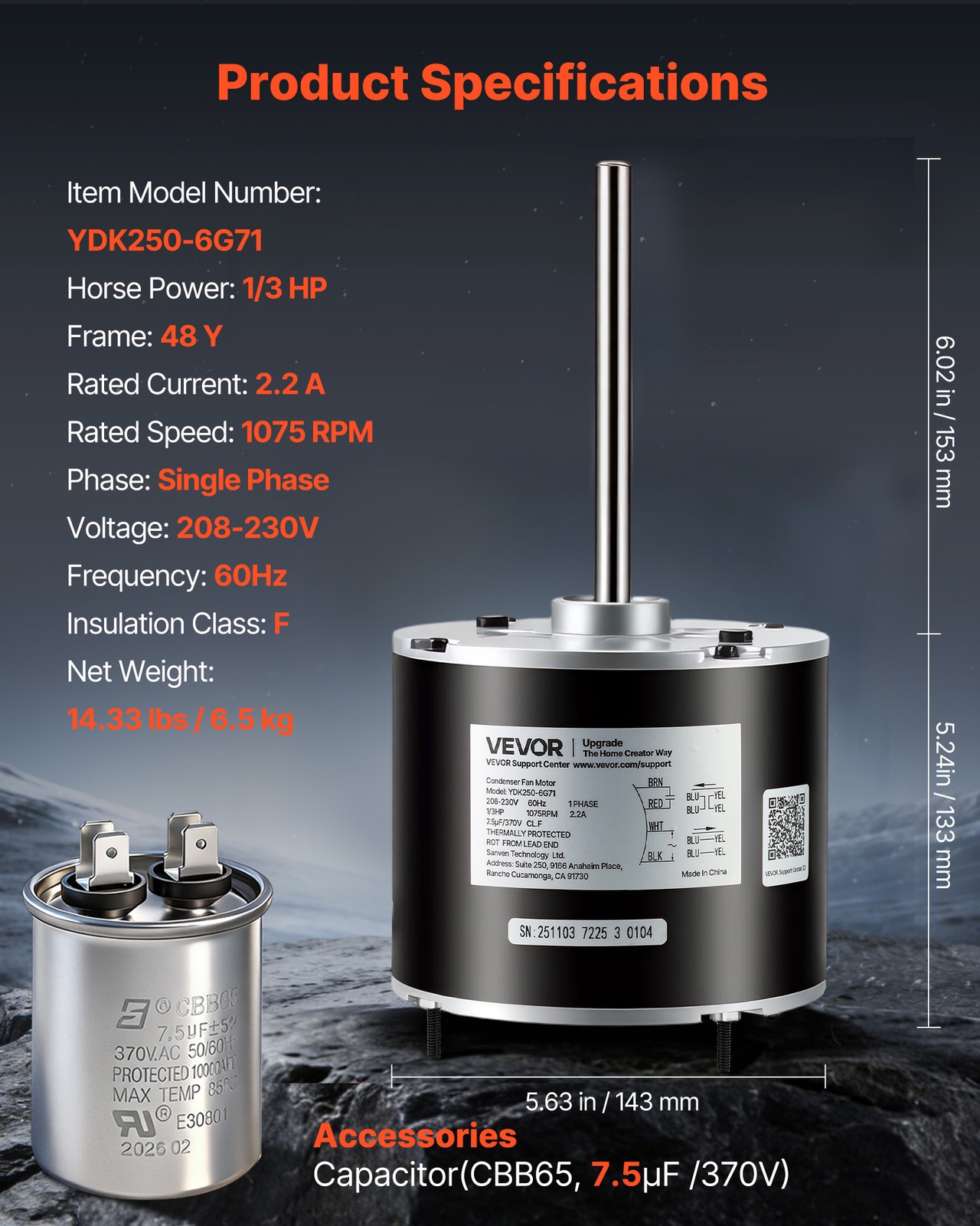 VEVOR Condenser Fan Motor with Capacitor 1/3HP 1075RPM 208-230V CW/CCW Rotation