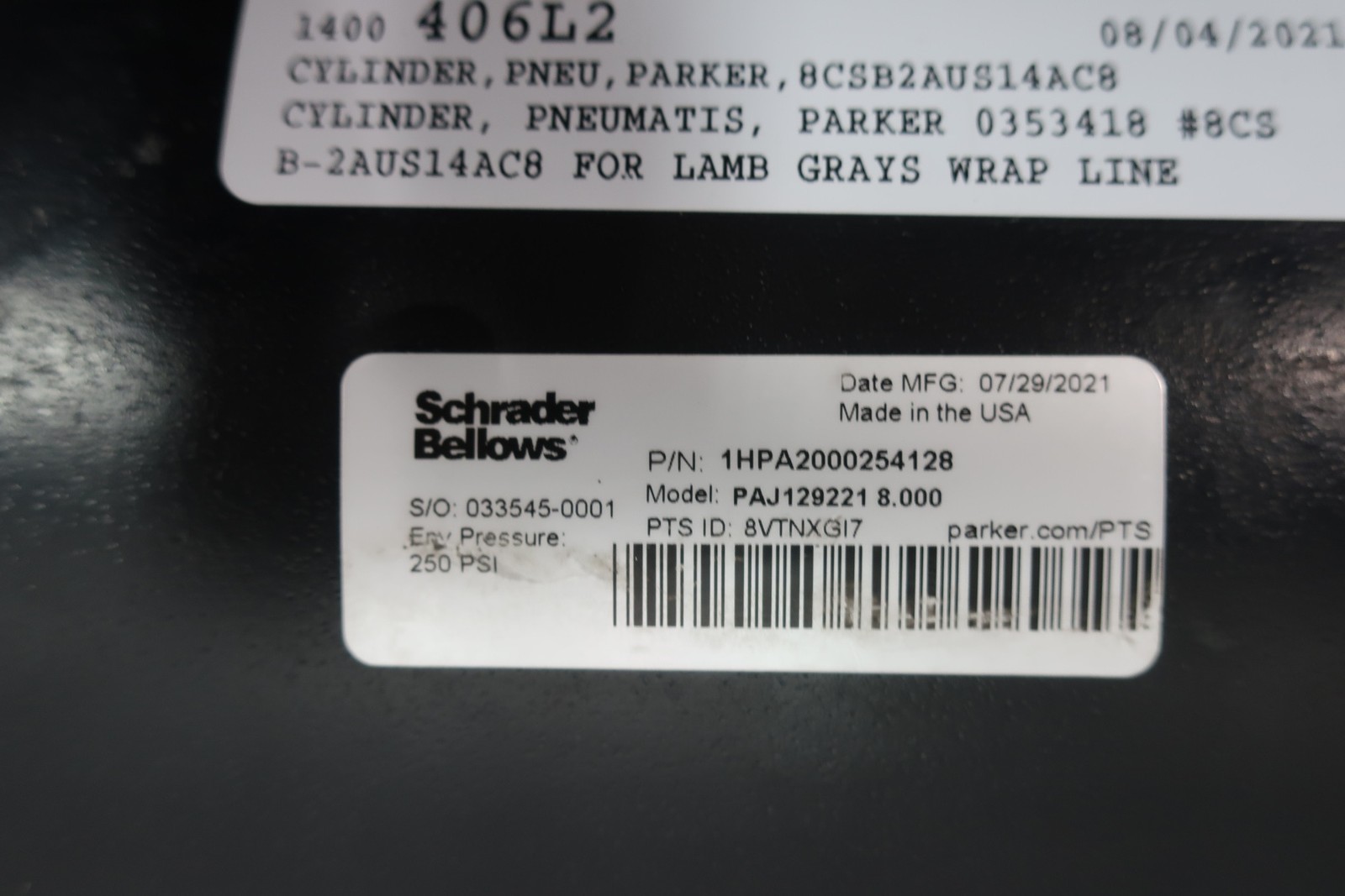 Schrader-bellows 8.00 PAJ19221 8.000 Double Acting Pneumatic Cylinder 8in 8in