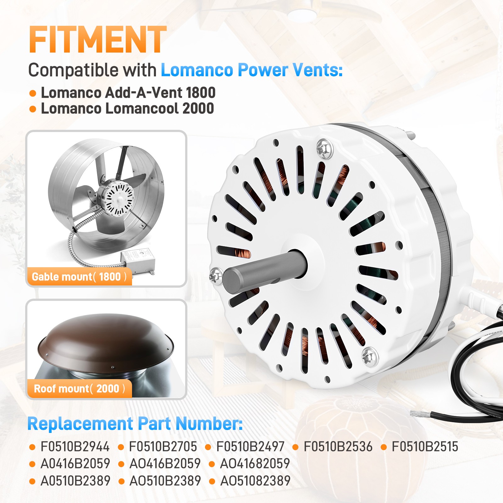 F0510B2944 Power Vent Attic Ventilation Fan Motor Kit for Lomanco 2000 & 1800