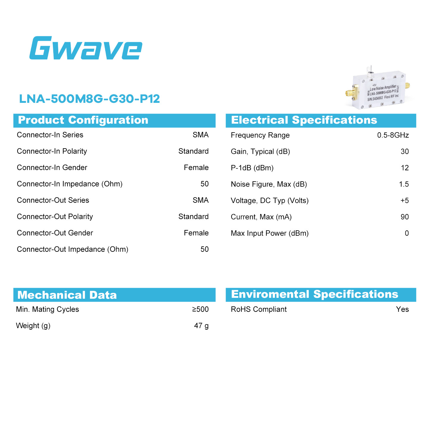 SMA Female Low Noise Amplifier (LNA), 30dB Gain, 1.5dB Noise Figure, 0.5 – 8GHz