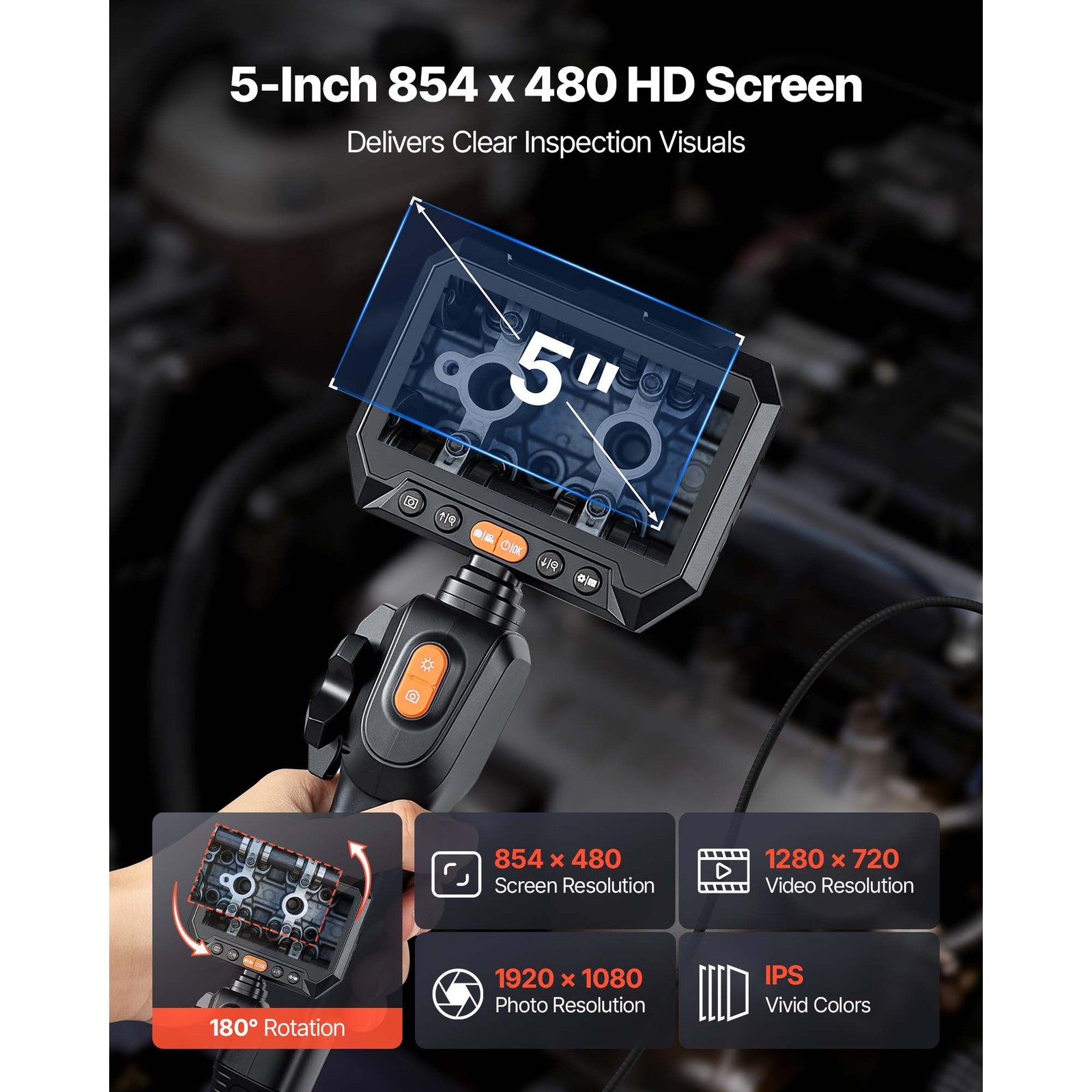 Ultra Slim Borescope: 0.15″, 2-Way Articulation, 5″ HD Screen, 4.9ft Cable, IP67