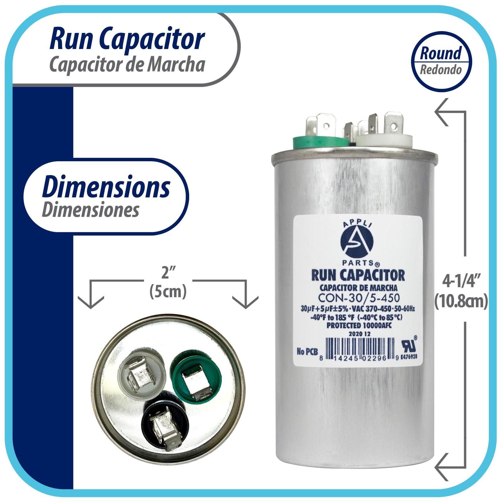 Appli Parts Dual Run Capacitor for ac 30+5 Mfd uF (microfarads) 370VAC or 450VAC