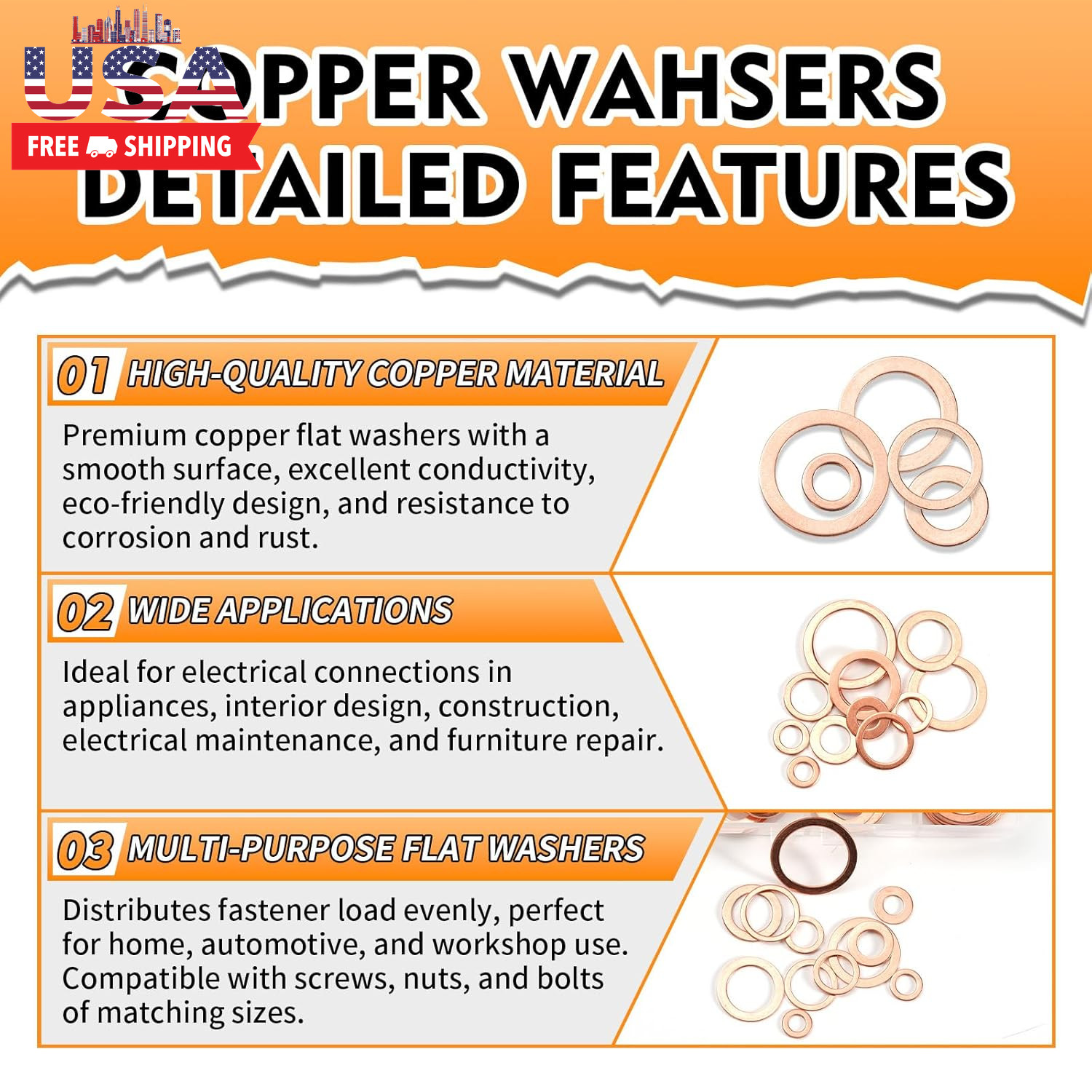 330 Pcs Copper Washers Assortment Kit – 12 Sizes Flat Sealing Crush Washers (M5-