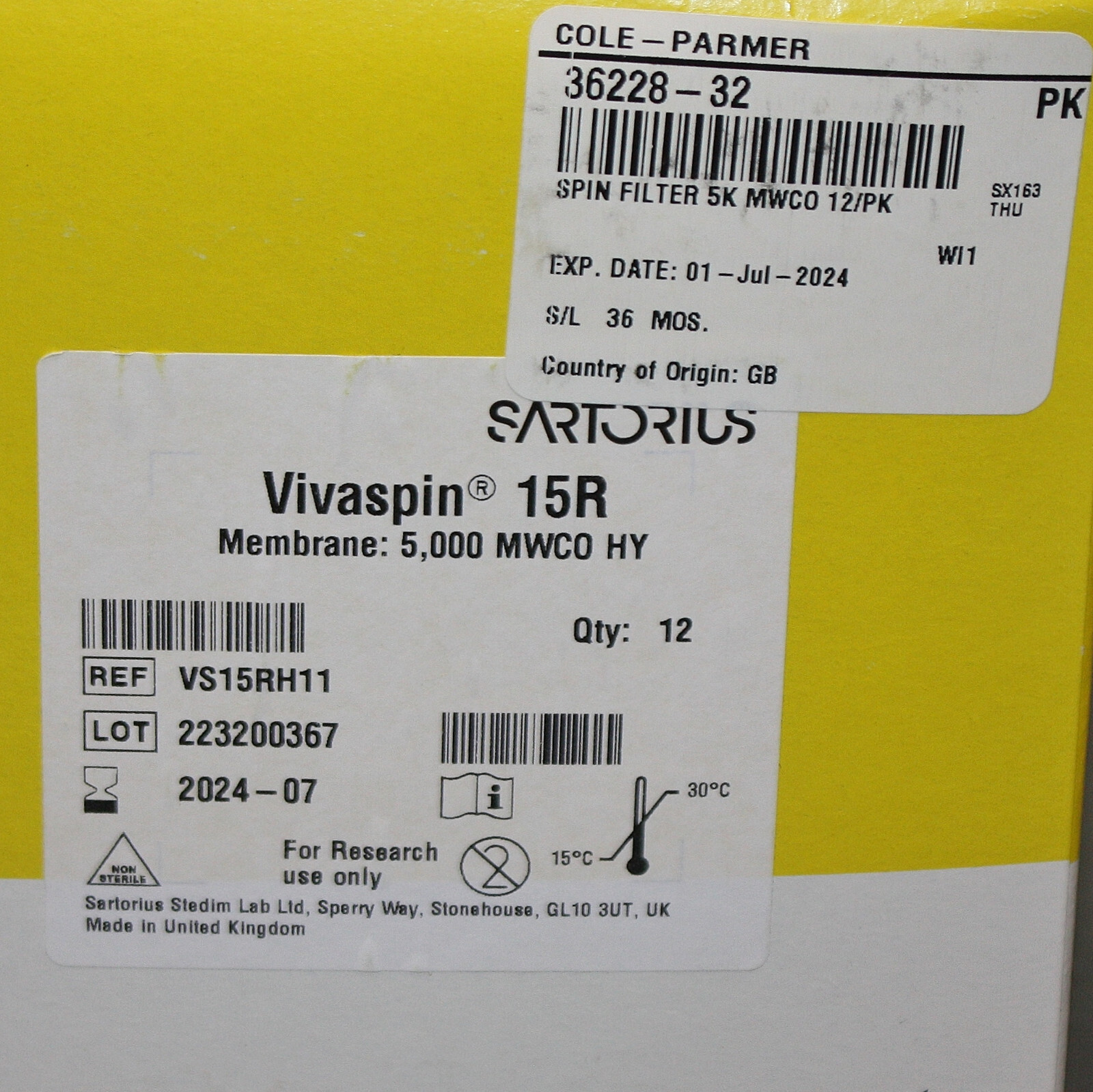 EXPIRED 07/2024 – (12) Sartorius Centrifugal Spin Filter VS15RH11, Vivaspin 15R