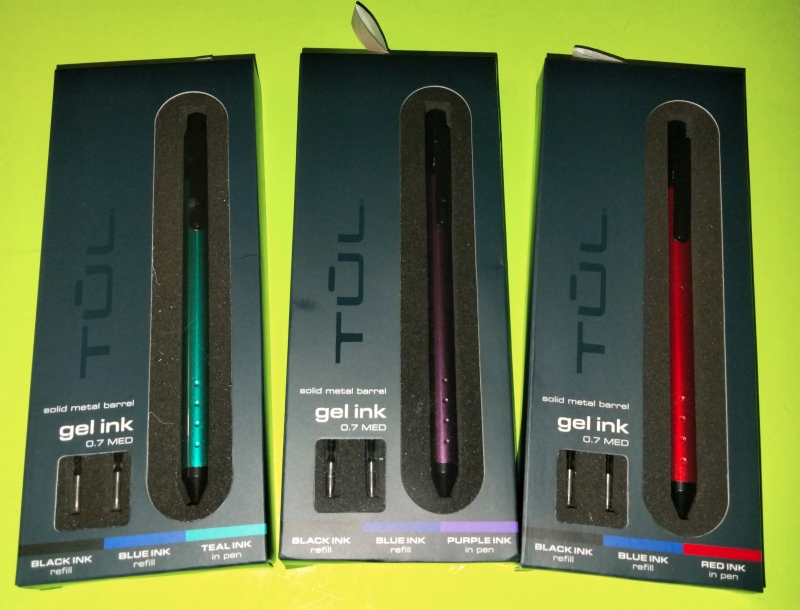 (3) 🖋TUL Fine Solid Metal Barrel GEL INK 0.7 Med~Teal, Purple & Red~bid@$24.99