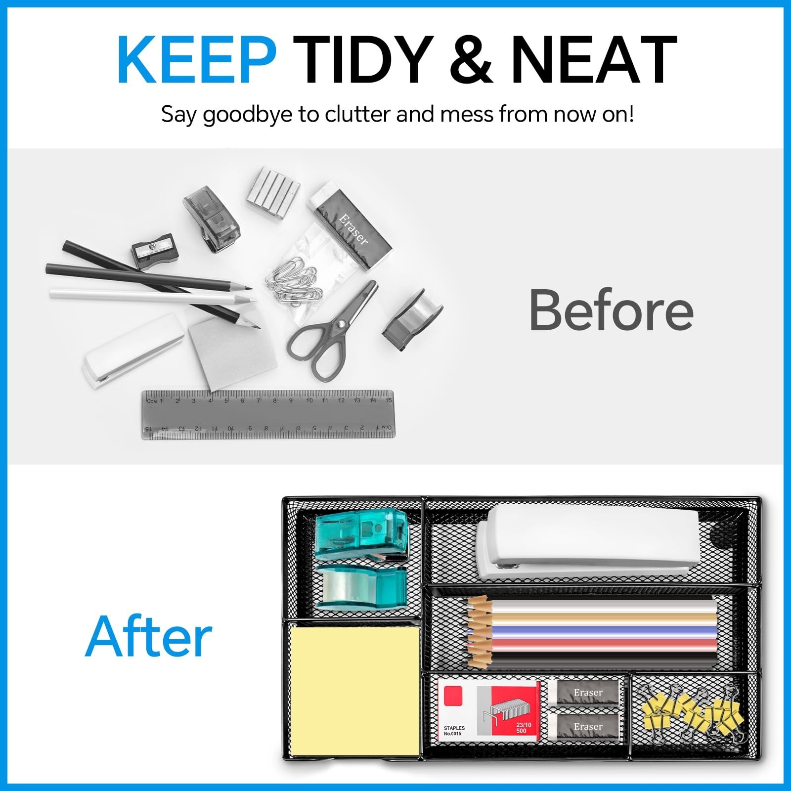6-Compartment Desk Drawer Organizer Tray – Metal Mesh Office & Kitchen Storage S