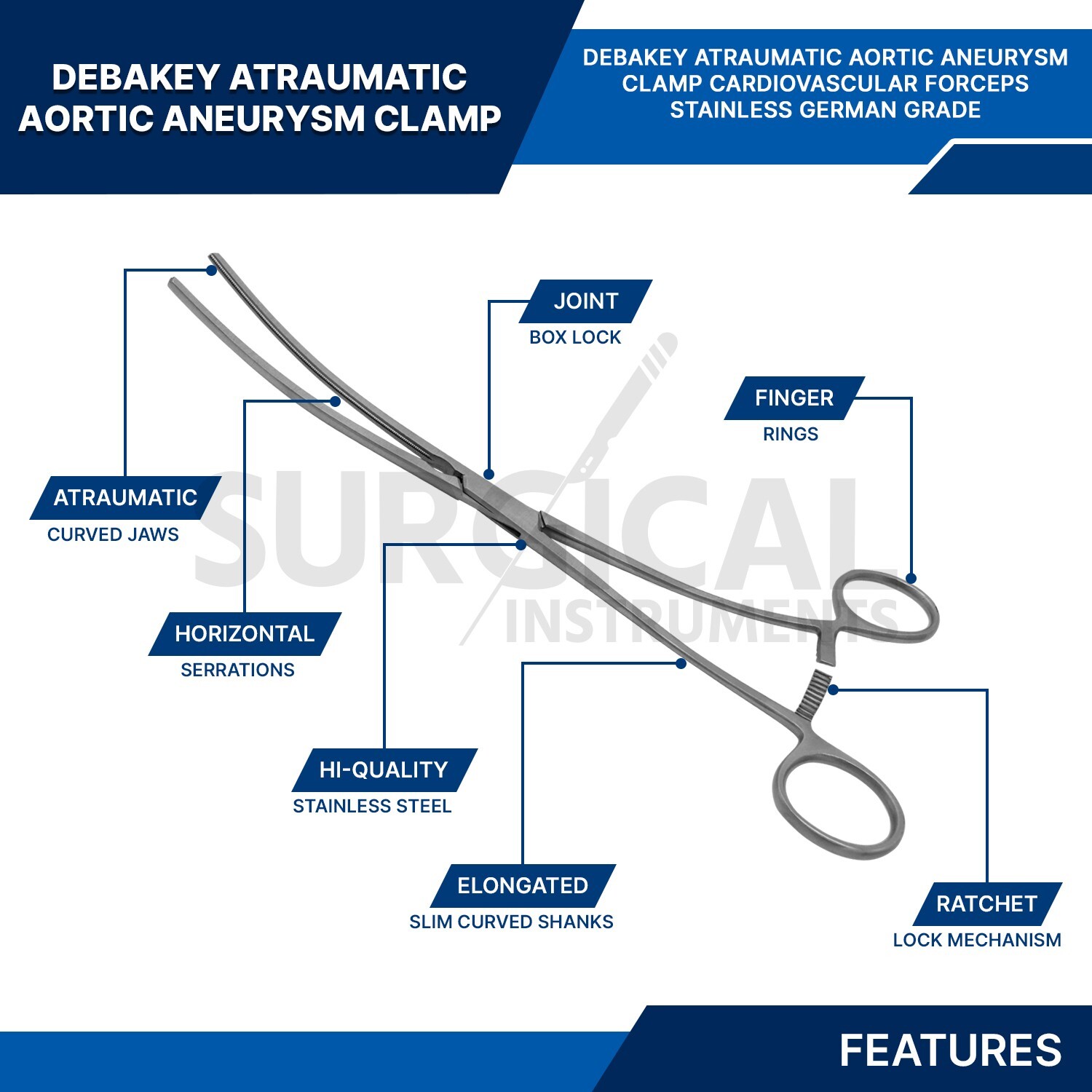 DeBakey Atraumatic Aortic Aneurysm Clamp 10″ Vascular Instrument German Grade
