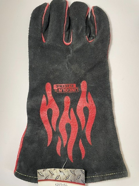 Lincoln Electric Red Line Welding Gloves Flame Graphic Black Leather Heavy Duty