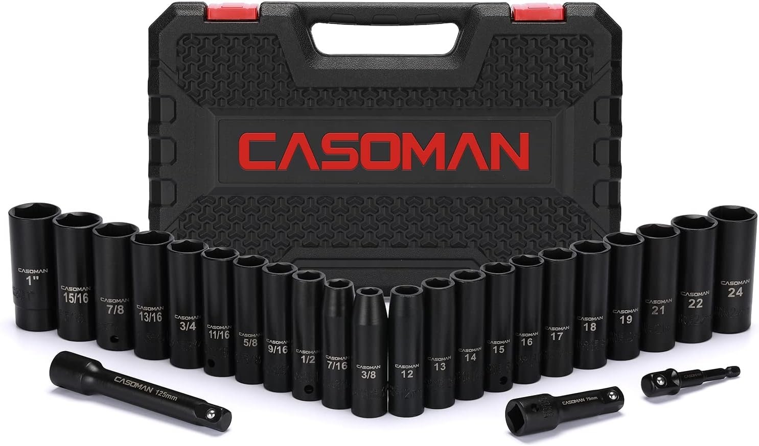 25PCS 1/2″ Drive Impact Socket Set, Deep, Cr-V Steel, 6 Point, Metric&SAE, 12mm