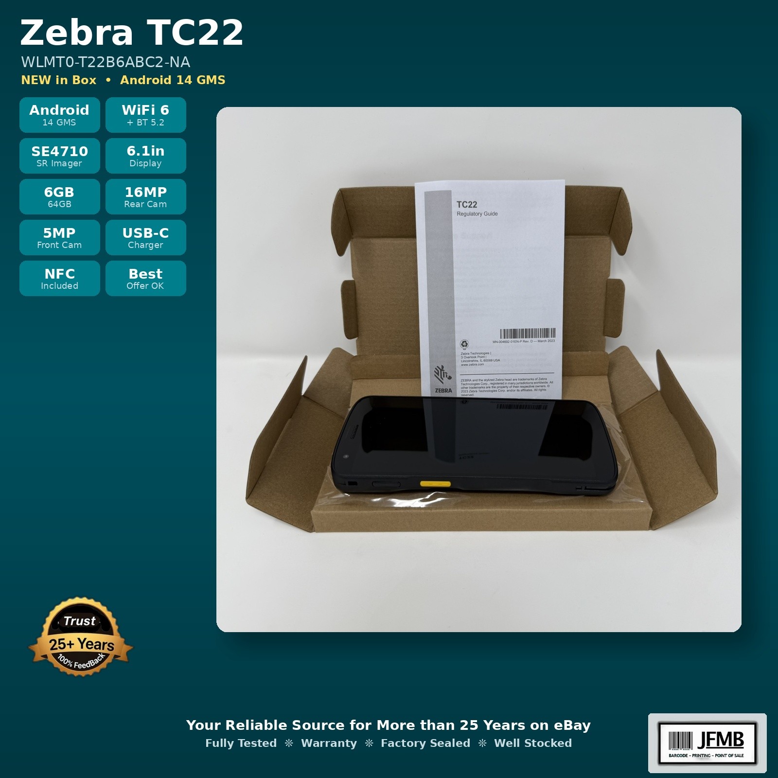 NEW Zebra TC22 WLMT0-T22B6ABC2 Touch Computer SE4710 WiFi 6 Android 14 6GB/64GB