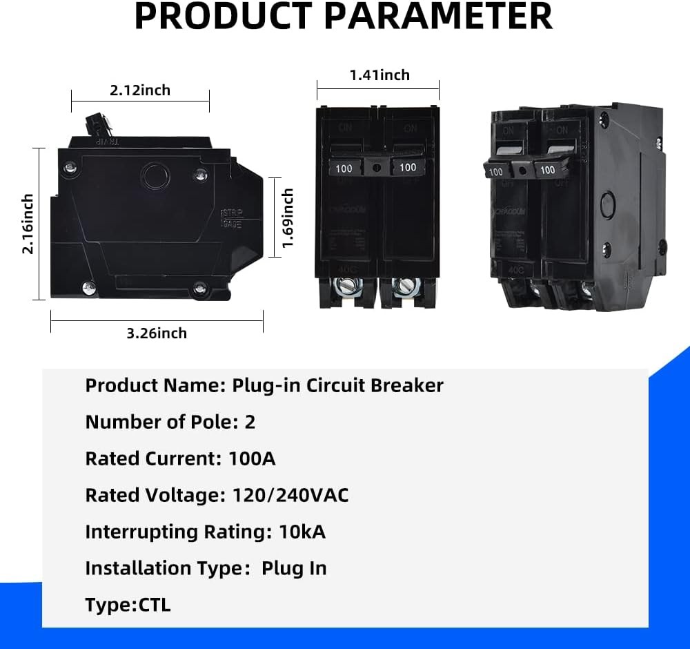 100 Amp Breaker, CNAODUN 2 Pole Circuit Breaker 120/240VAC 10KA Plug-in Mount