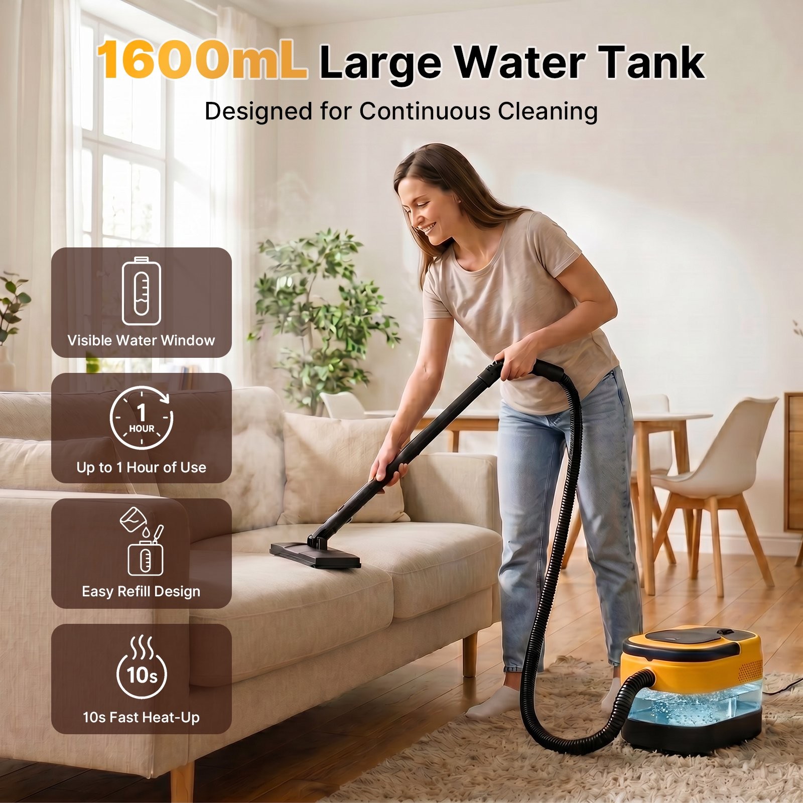 Handheld 2500W Steam Cleaner 10s fast heat-up 3-level steam 1.6L tank 17 attachm