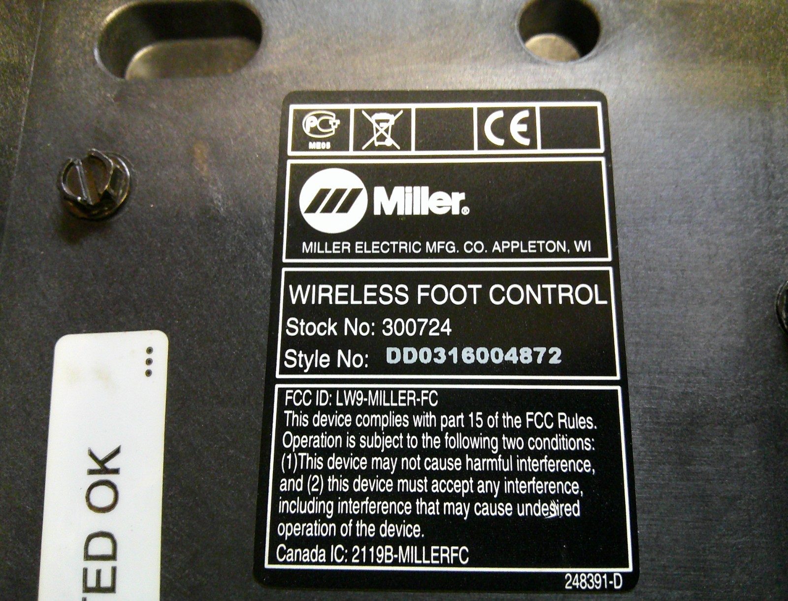 MILLER WIRELESS FOOT CONTROL 300724 COMPLETE, TESTED
