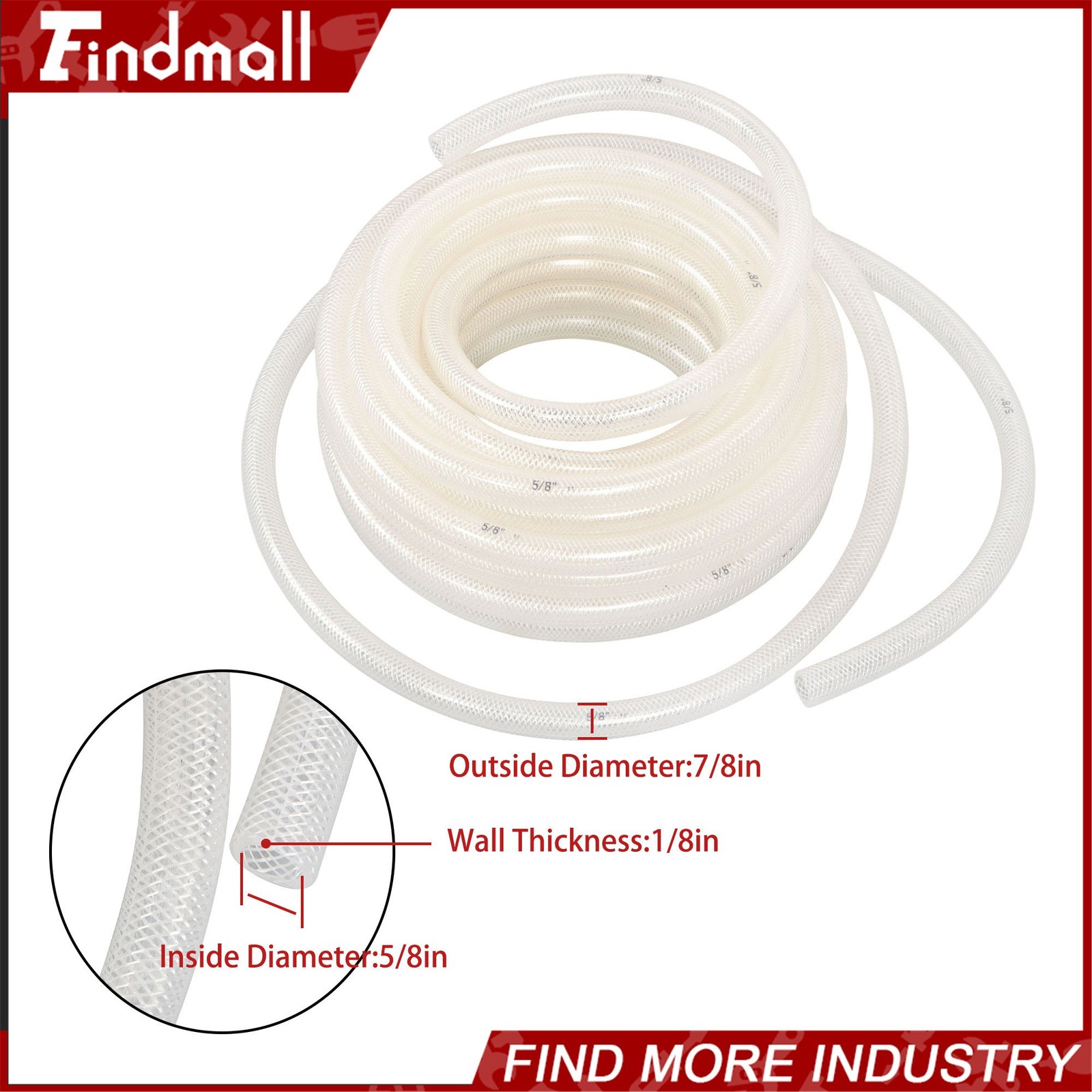 Findmall 50ft 5/8’’ ID × 7/8’’ OD Clear Braided PVC Hose High Pressure