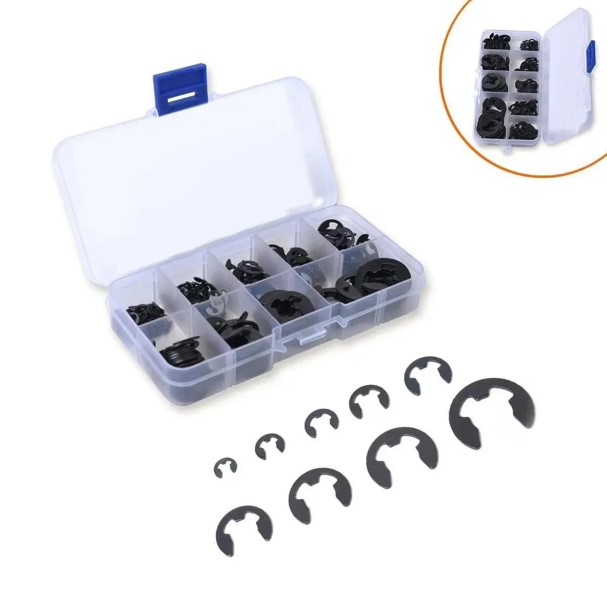 120PCS Black Stainless Steel Snap Ring E-Clip Circlip Washer Assortment Set