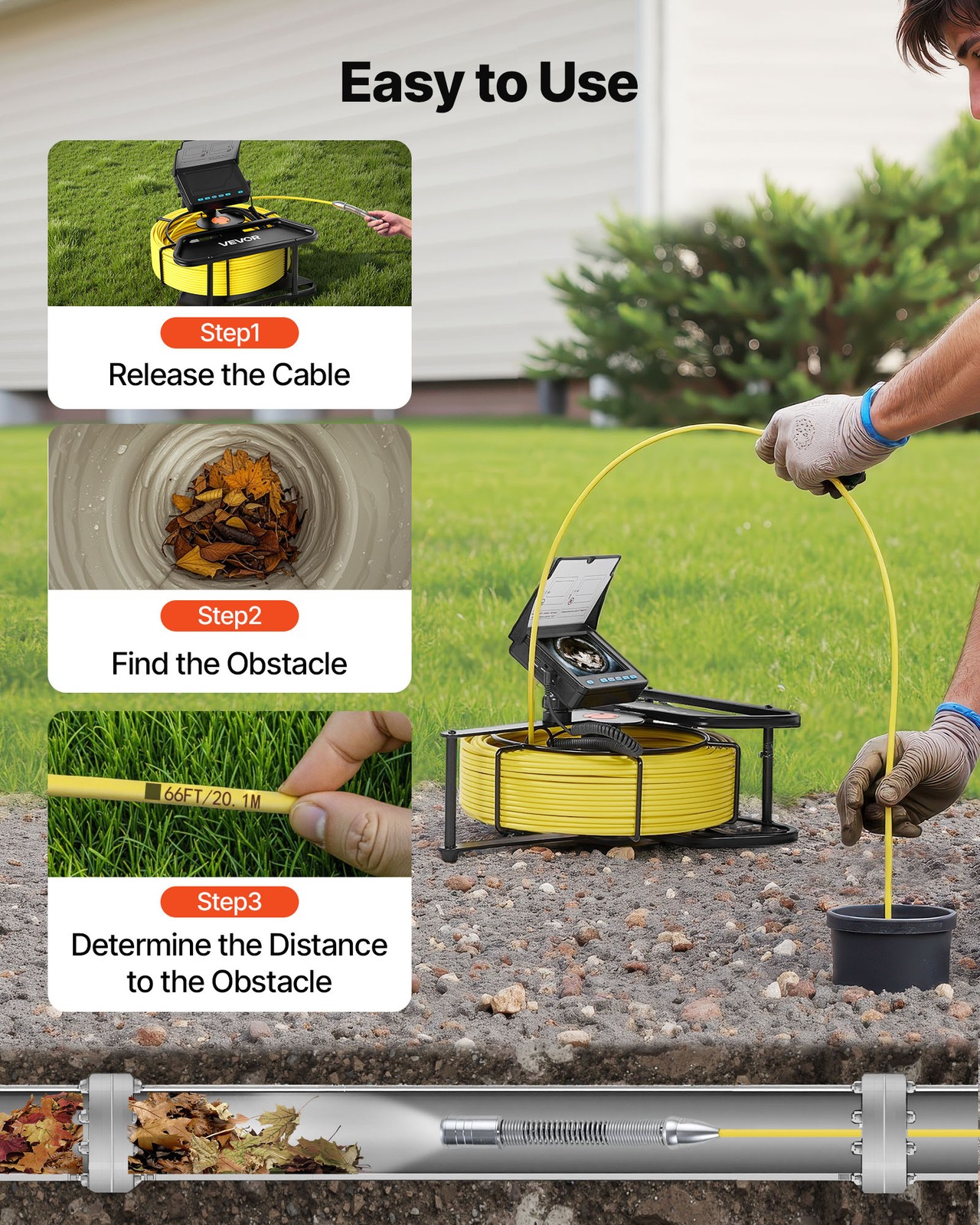 VEVOR Sewer Camera 164ft 4.3-inch Drain Inspection Camera IP68 Waterproof 6 LEDS