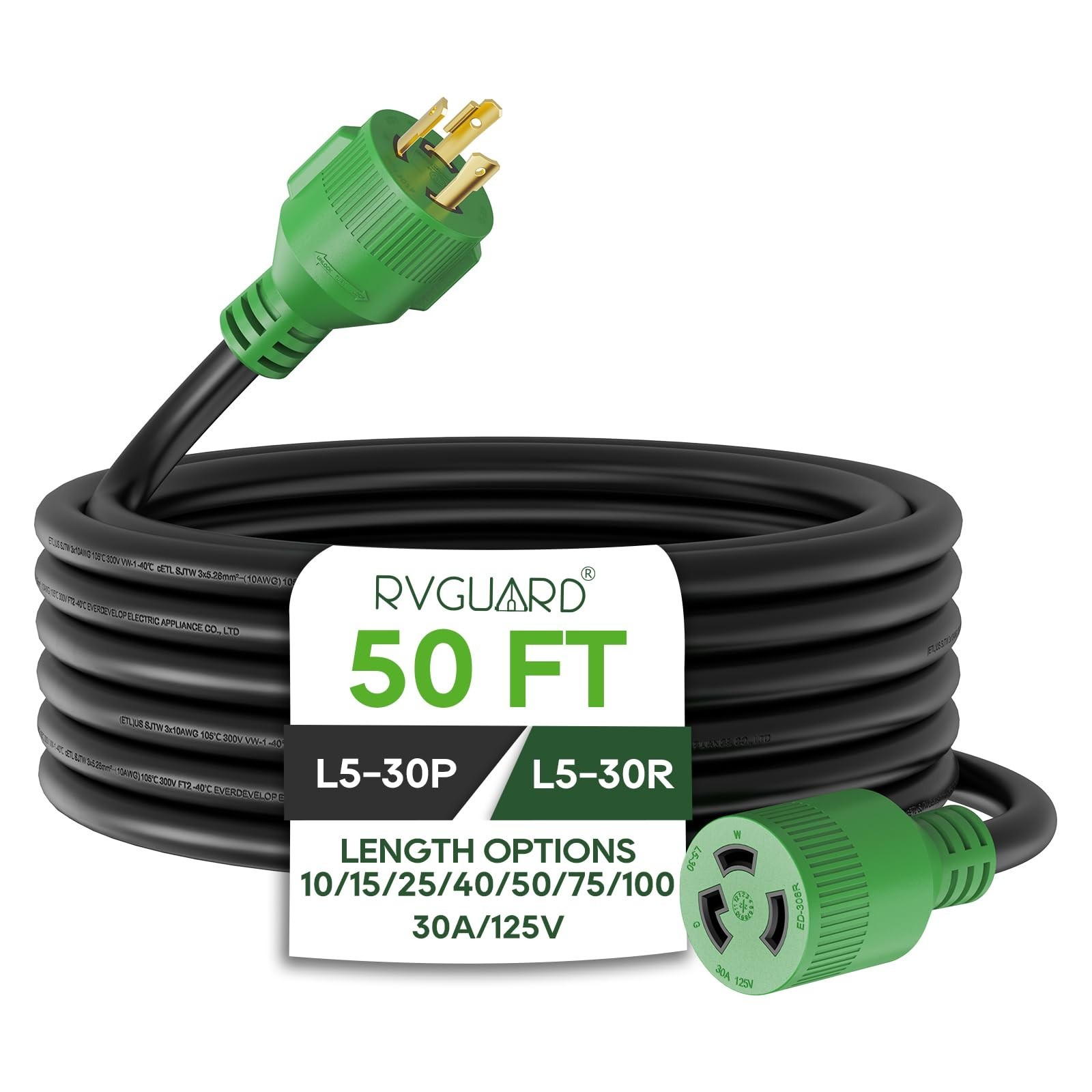 30 Amp 50ft Generator Extension Cord, NEMA L5-30P, 125V, 10 Gauge, ETL Listed