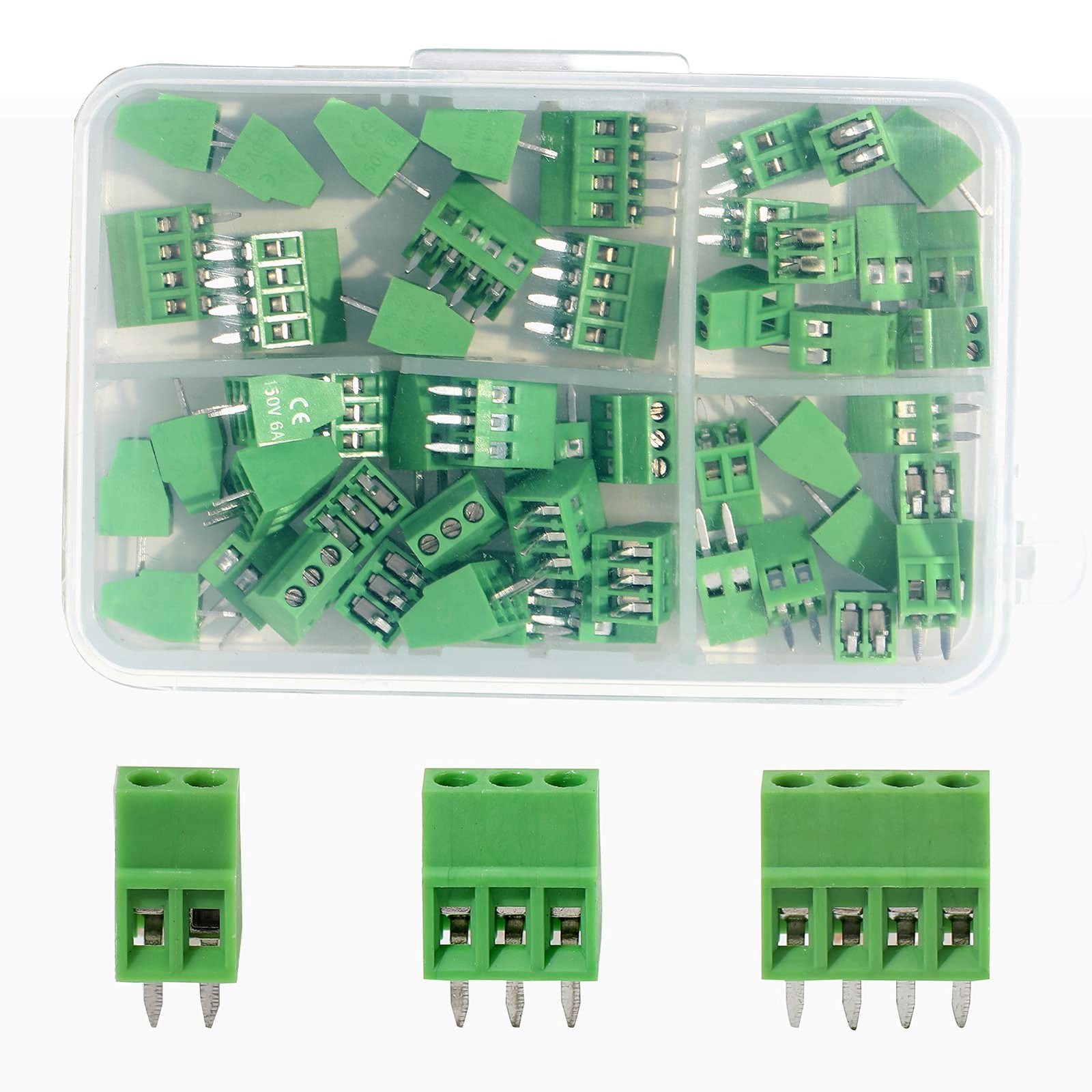 50PCS 2.54mm 0.1″ Pitch PCB Mount Screw Terminal Block Connector, 2P 3P 4P Te