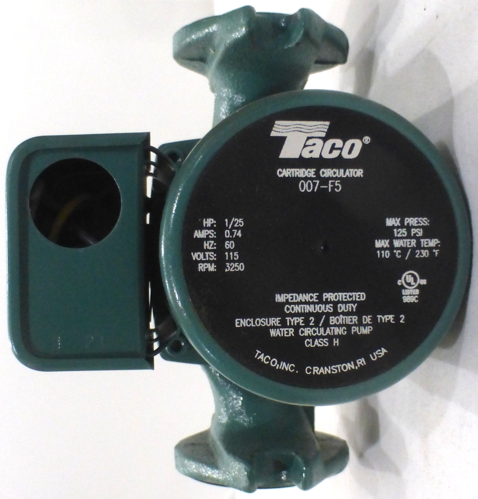 Taco 007-F5 Cast Iron Circulator Pump 1/25 hp 115V 3250 RPM, USED