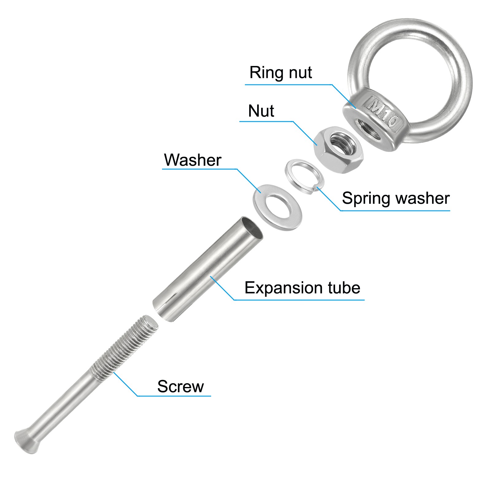 2Pcs Expansion Eye Bolt M10x120mm Stainless Steel Shoulder Eyebolt Silver