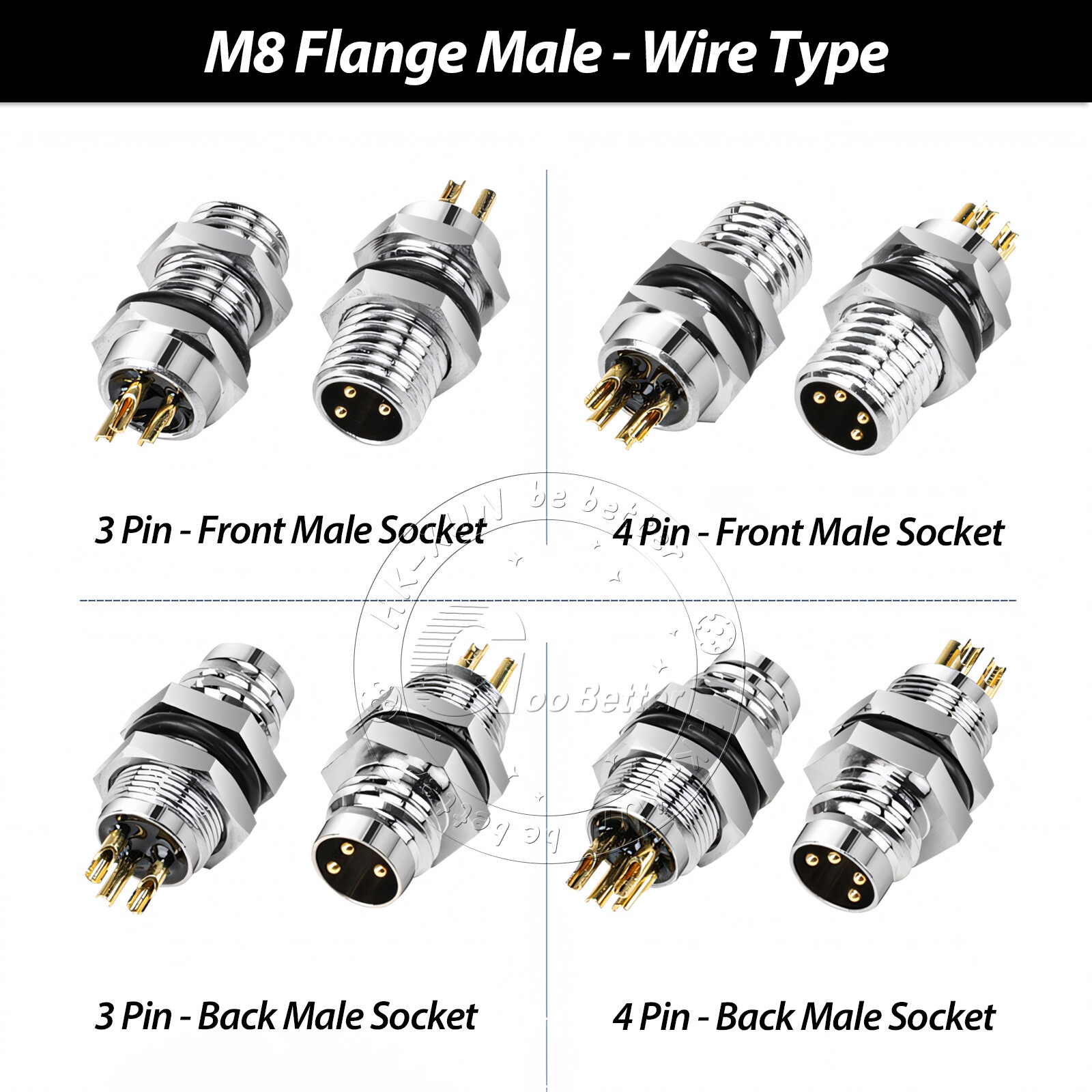 PG7 M8 Sensor Connector 3 Pin / 4 Pin Male / Female Straight / Elbow Plug IP67