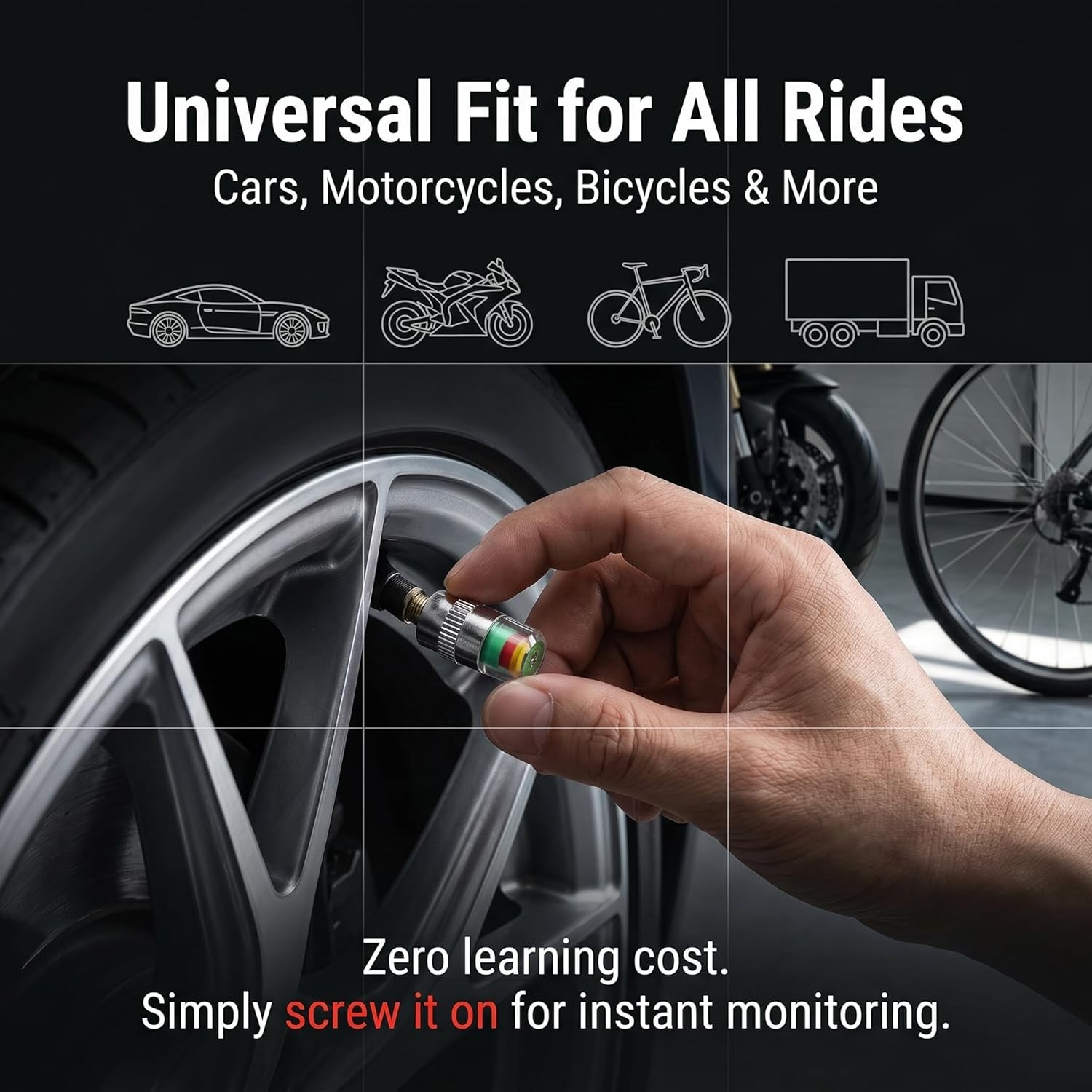 4 Pack Tire Pressure Valve Stem Caps 3 Color PSI Alert Indicator Universal Fit
