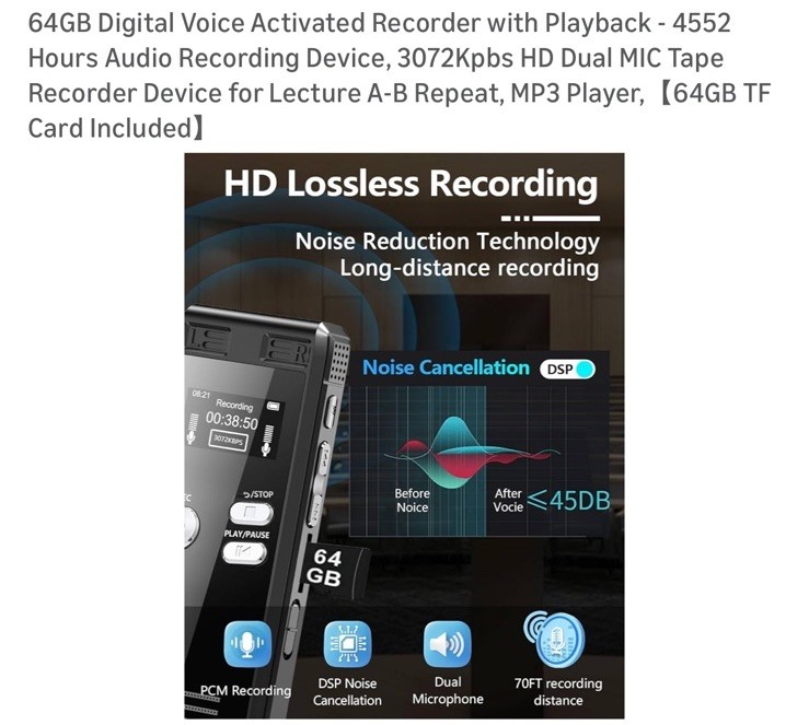 64GB Digital Recorder with Voice Activation – 4552 Hours for Lectures & Meetings