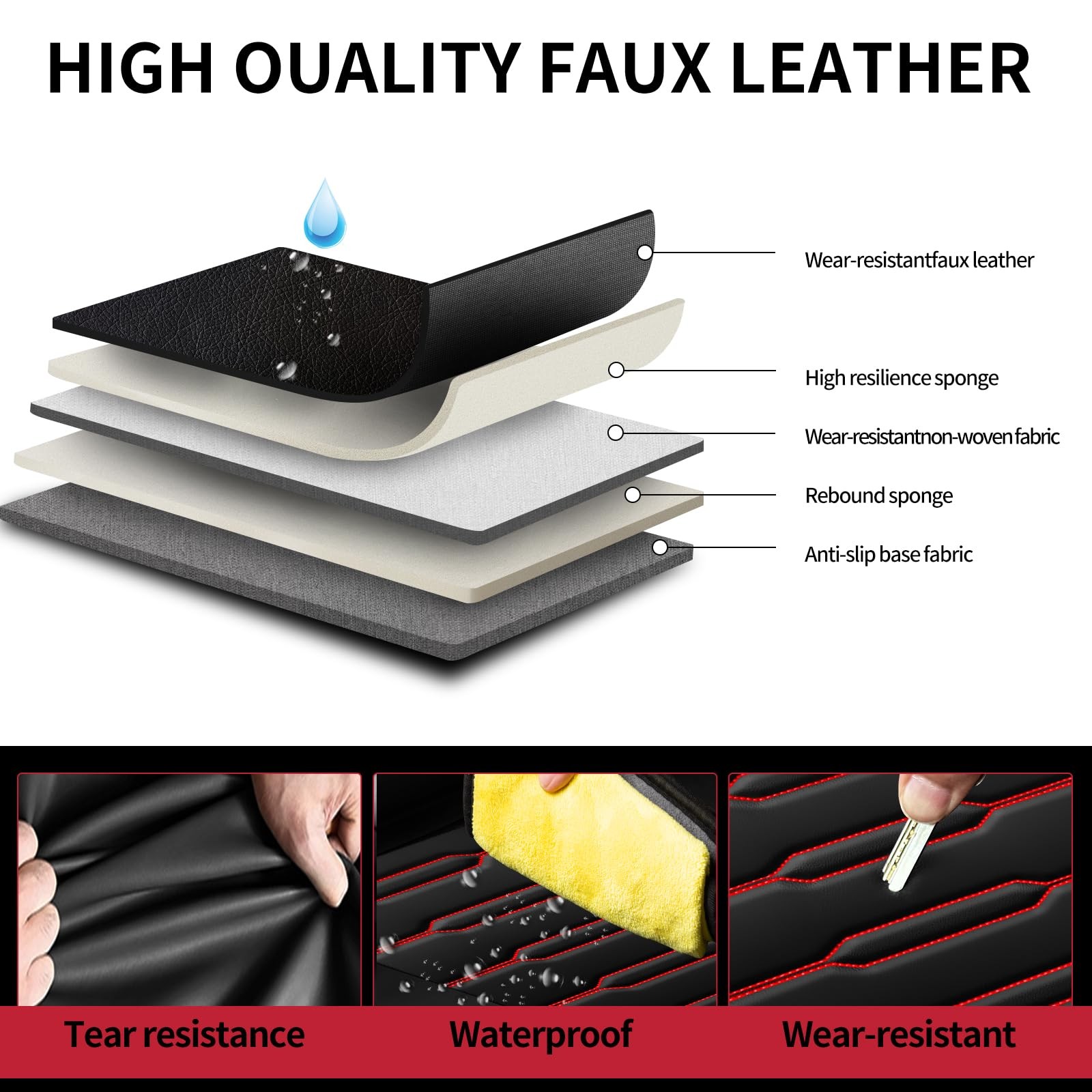 Subaru Outback 10-26 Seat Covers Waterproof Leather Airbag Compatible Black+Red