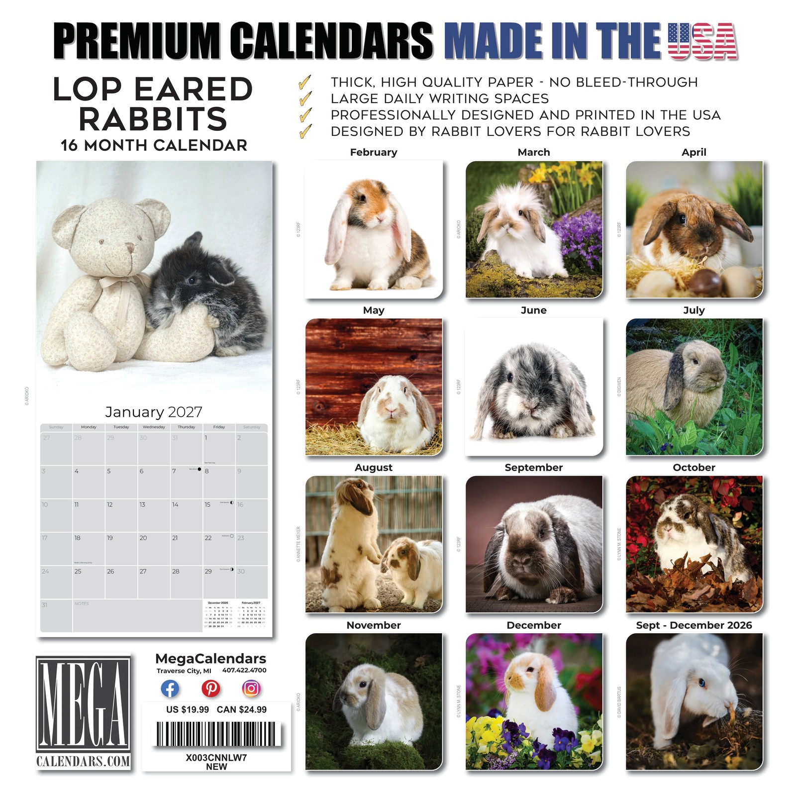 Lop Eared Rabbits Calendar 2024 FULL SIZE 12×24 Made in USA