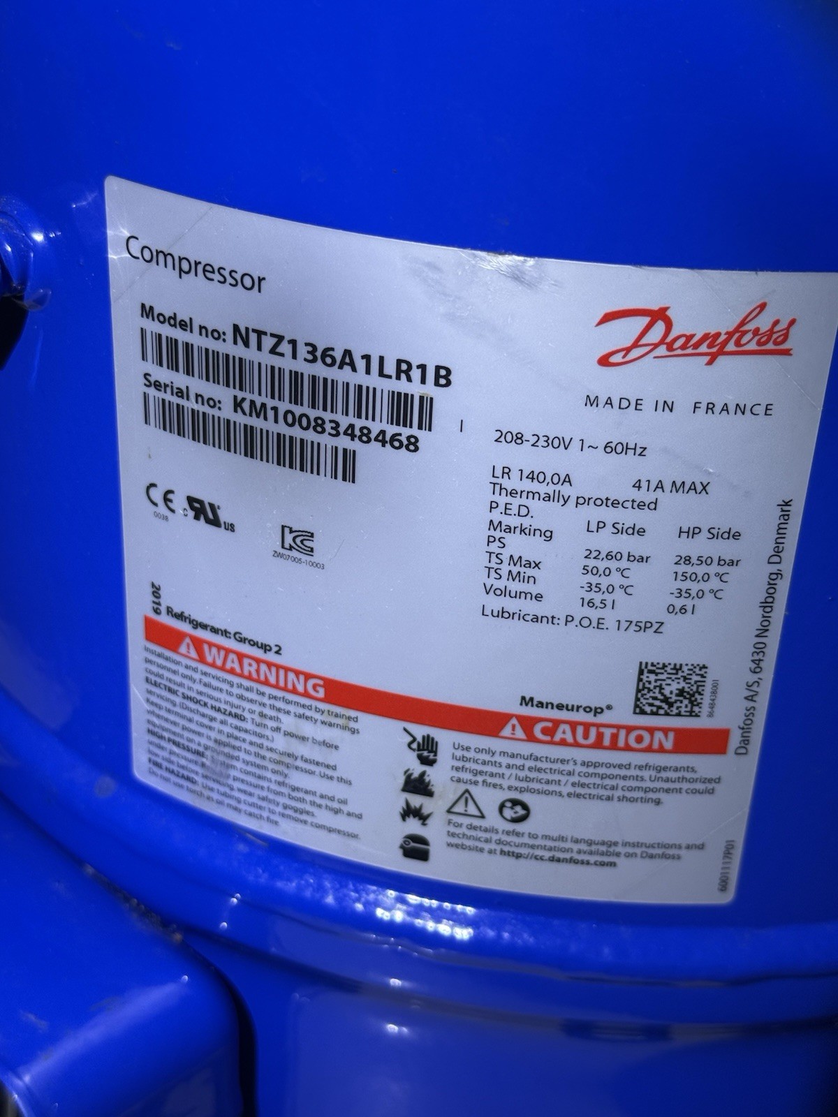 Danfoss NTZ136A1LR1B Hermetic Compressor Blue 208-230V 1 Phase