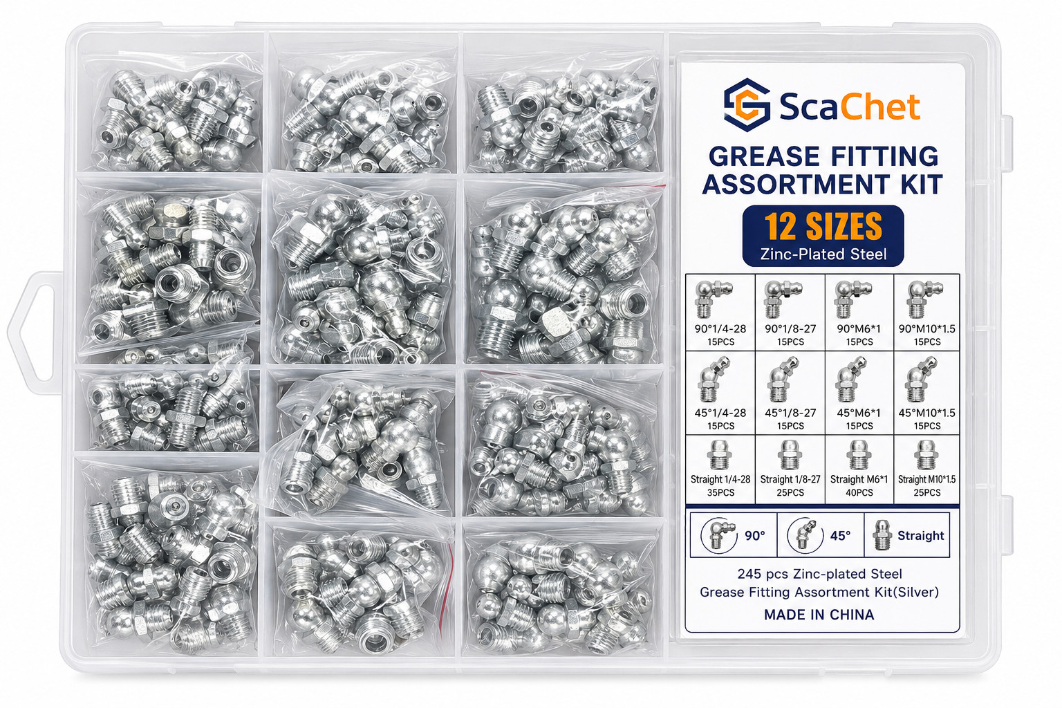 Grease Fitting Assortment Kit 245pcs 12 Sizes SAE Metric Zerk Fittings Steel