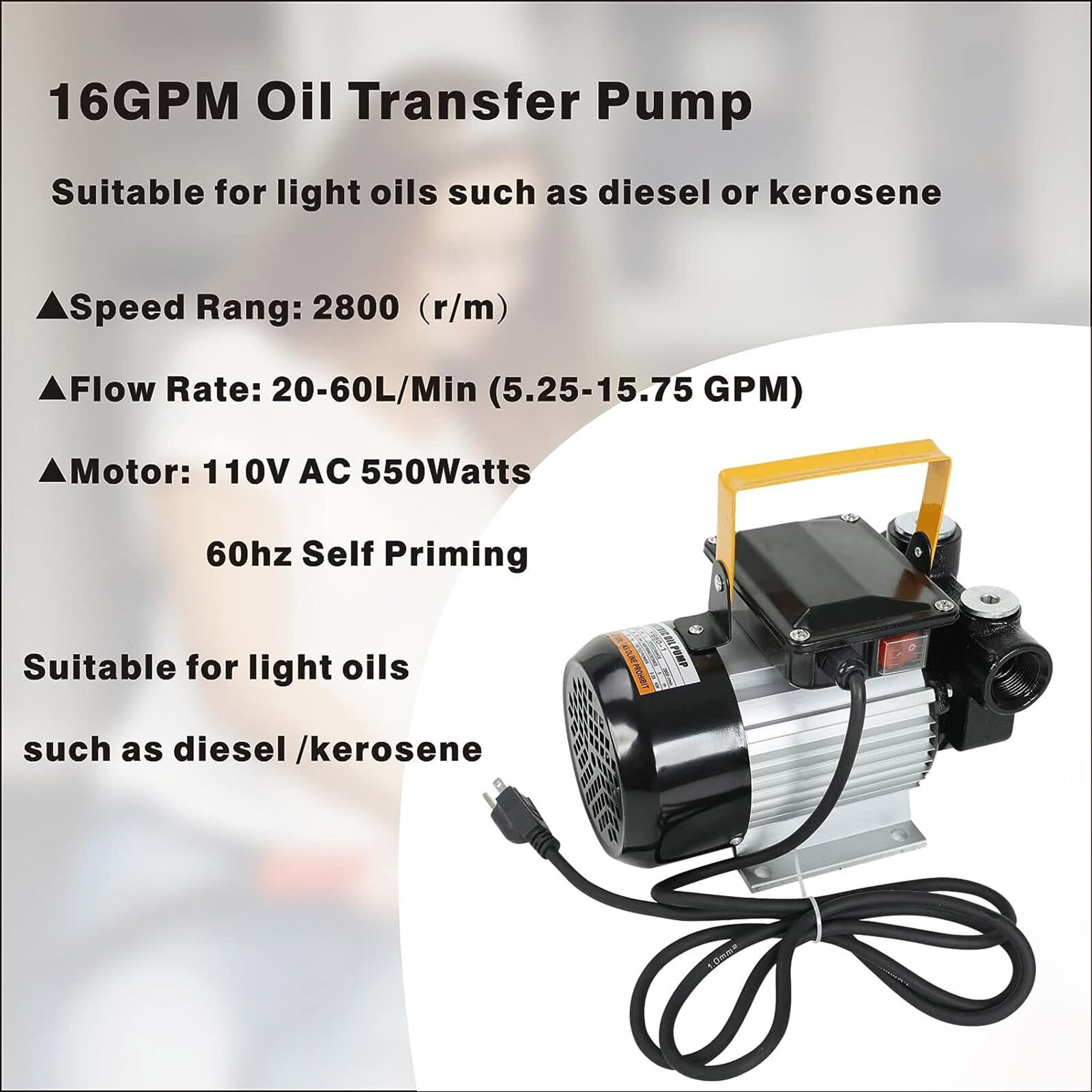 110V AC 16GPM Diesel Oil Fuel Transfer Pump Kit Electric Self-Priming w/ Nozzle