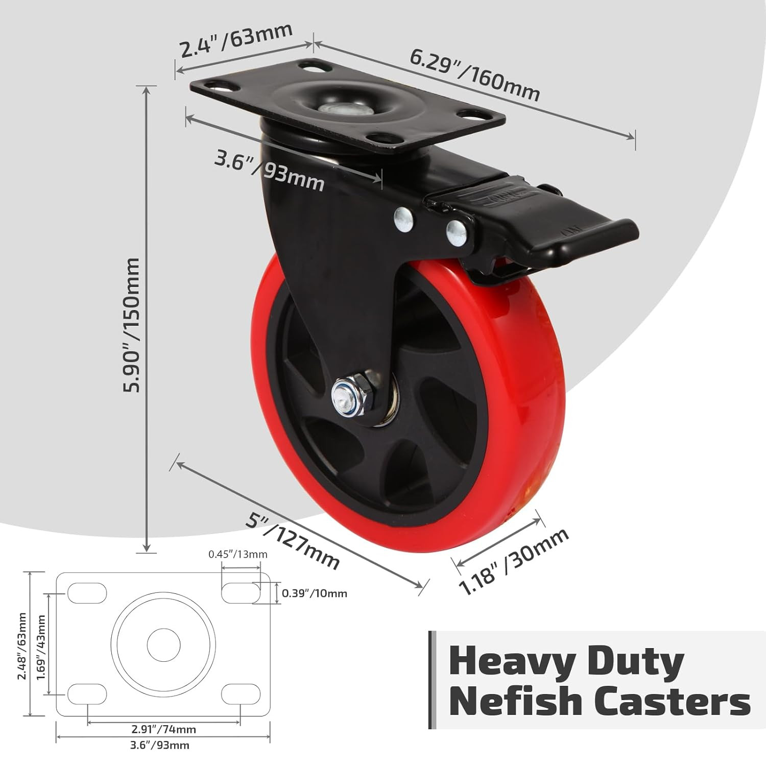 Nefish Swivel Caster Wheel for Cart, 5 Inch Industrial Casters Set of 4 – Heavy