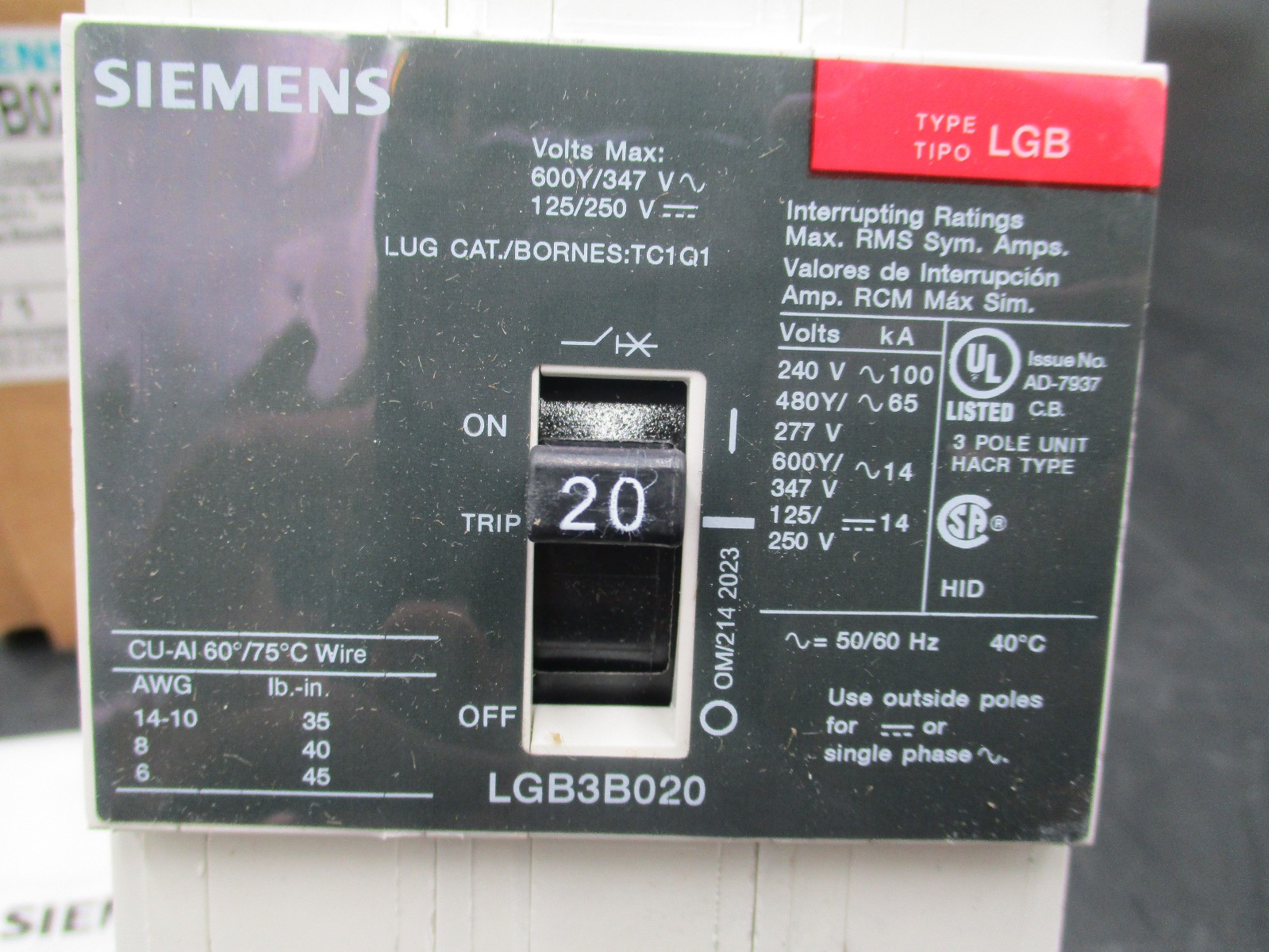 SIEMENS LGB3B020B 3-P 20A 480V 65KA BOLT ON CIRCUIT BREAKER ‘SAMEDAY SHIP’