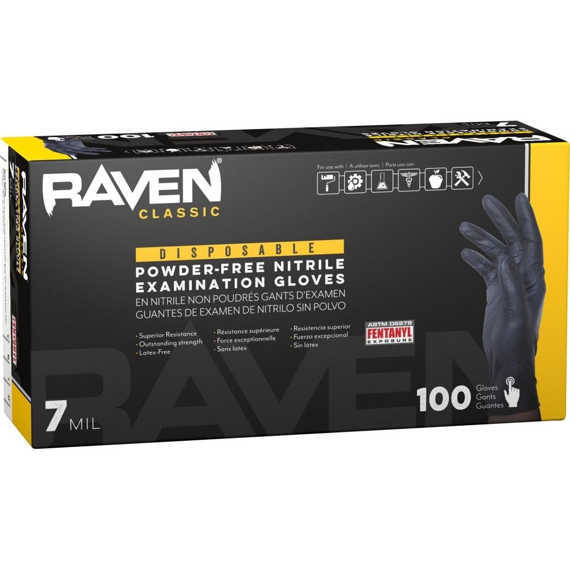 SAS Safety Raven Powder-Free Nitrile 7mil Black Glove M 100-Box #66517