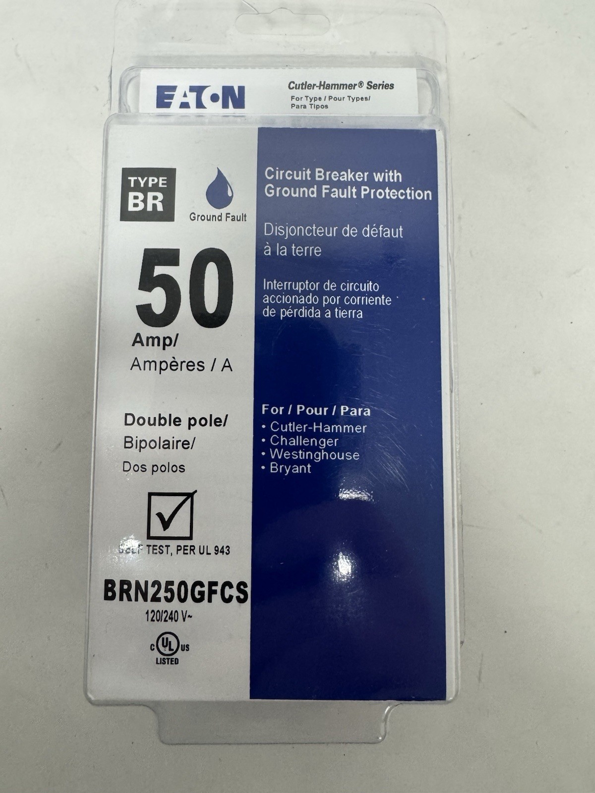 Eaton BR 50A 2 Pole Circuit Breaker With Ground Fault Protection BRN250GFCS