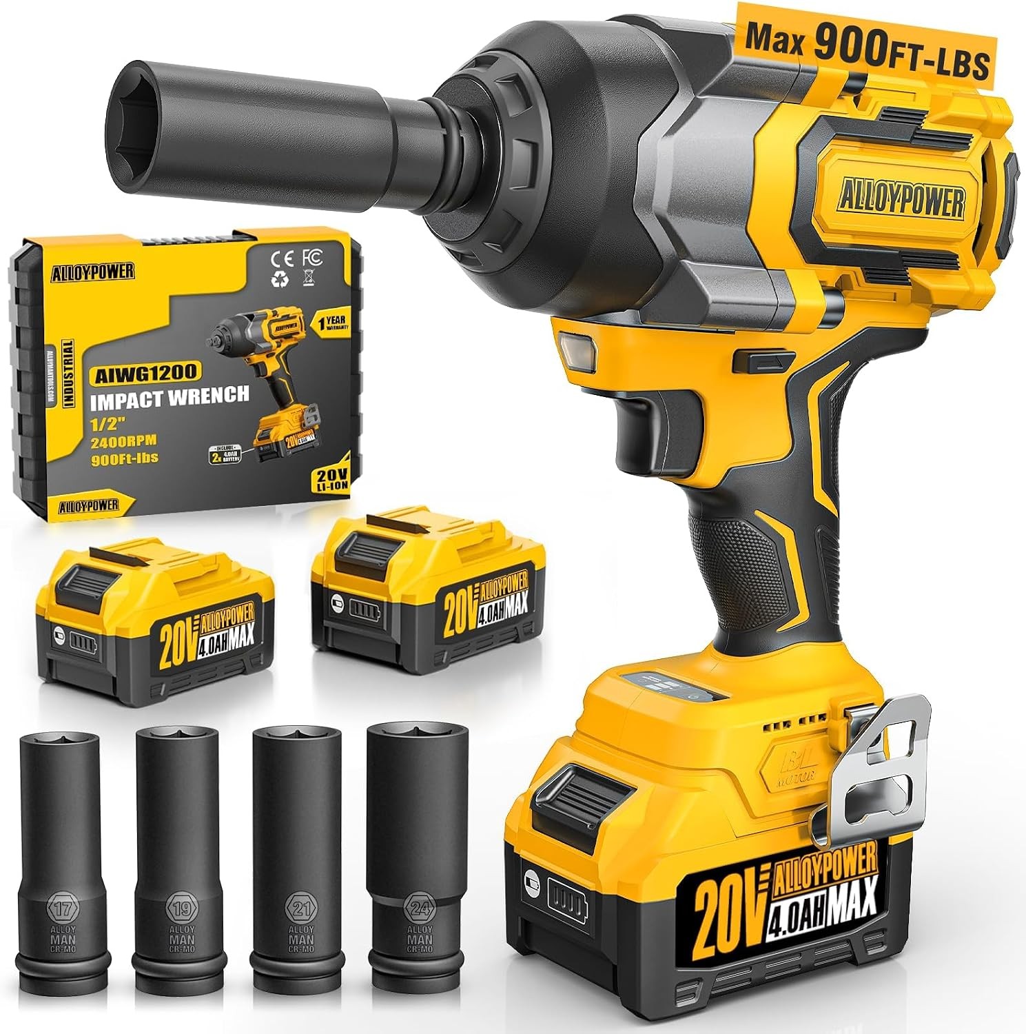 Cordless Impact Wrench, 900Ft-lbs (1200N.m) 1/2″ Brushless Impact Gun, 20V High