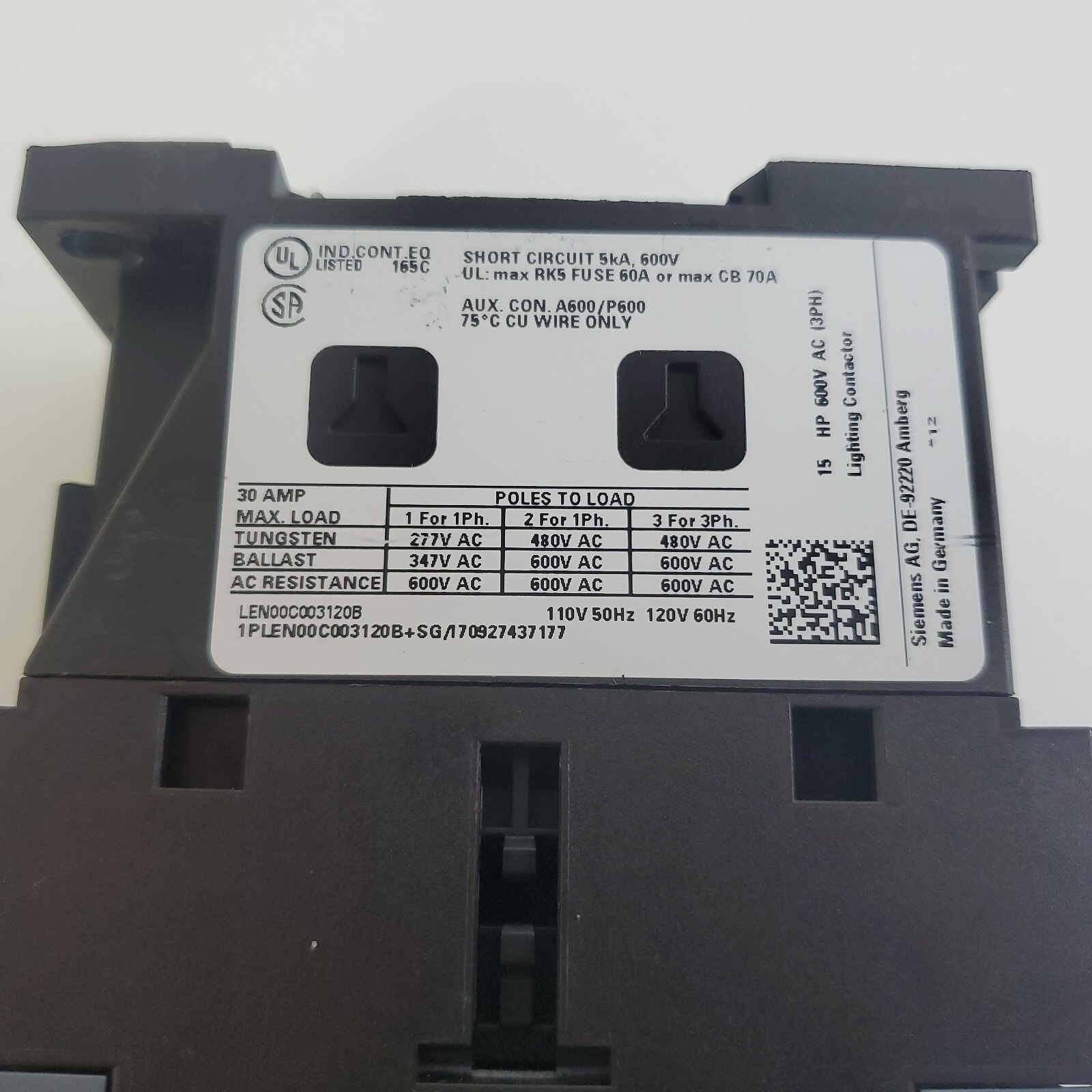Siemens LEN00C003120B Contactor 110V 50Hz 120V 60Hz 30A