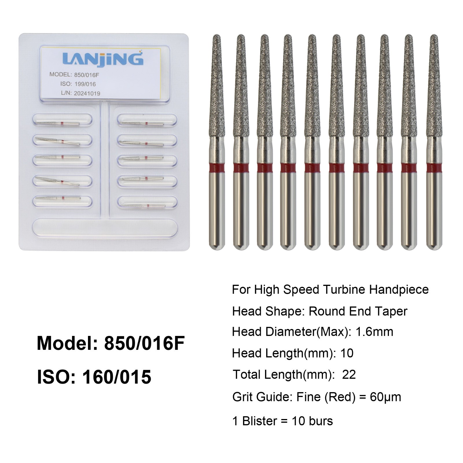 Dental Diamond Burs Round End Taper Football Coarse Fine High Speed 856 850 379