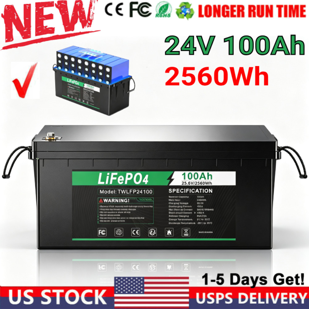 24V 100Ah LiFePO4 Lithium Battery Cycle Deep Built-in BMS for Solar RV Off-grid