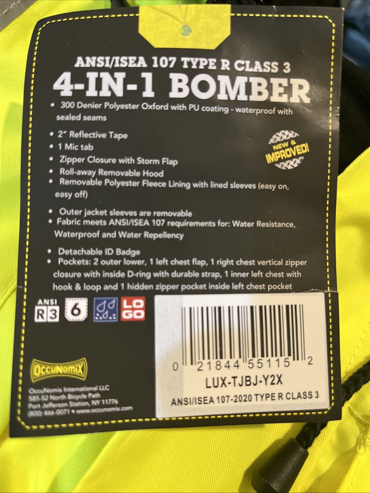 OccuNomix LUX-TJBJ-Y2X Size 2X ANSI Class 3 Hi-Vis 4-in-1 Bomber Jacket NWT
