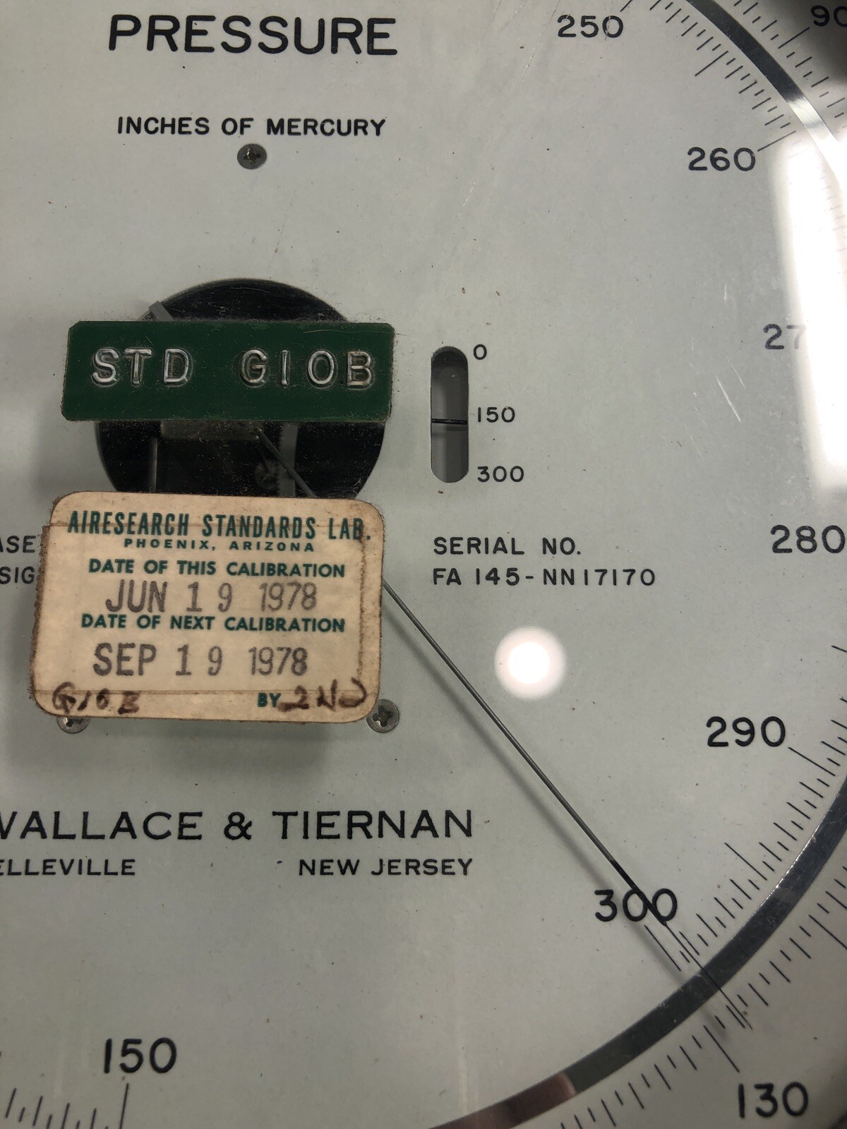 Wallace and Tiernan # FA145 inches of mercury pressure gauge 0-300